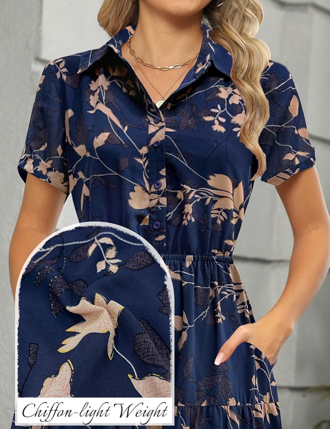 Kranda Women 2026 Summer Collared V Neck Short Sleeve Button Down Chiffon Long Tiered Floral Maxi Dress with Pockets