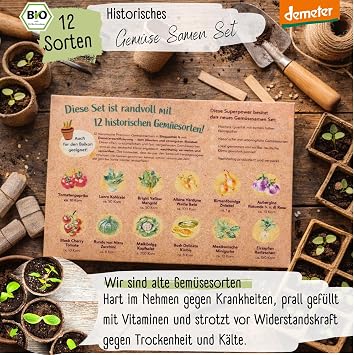 Organic Historical Vegetable Seeds Set - 12 Varieties Demeter Vegetable Seeds Rare and Old Vegetable Seeds All Seed Proof Old Vegetables for Balcony Raised Bed Garden & as a Gift Loveplants