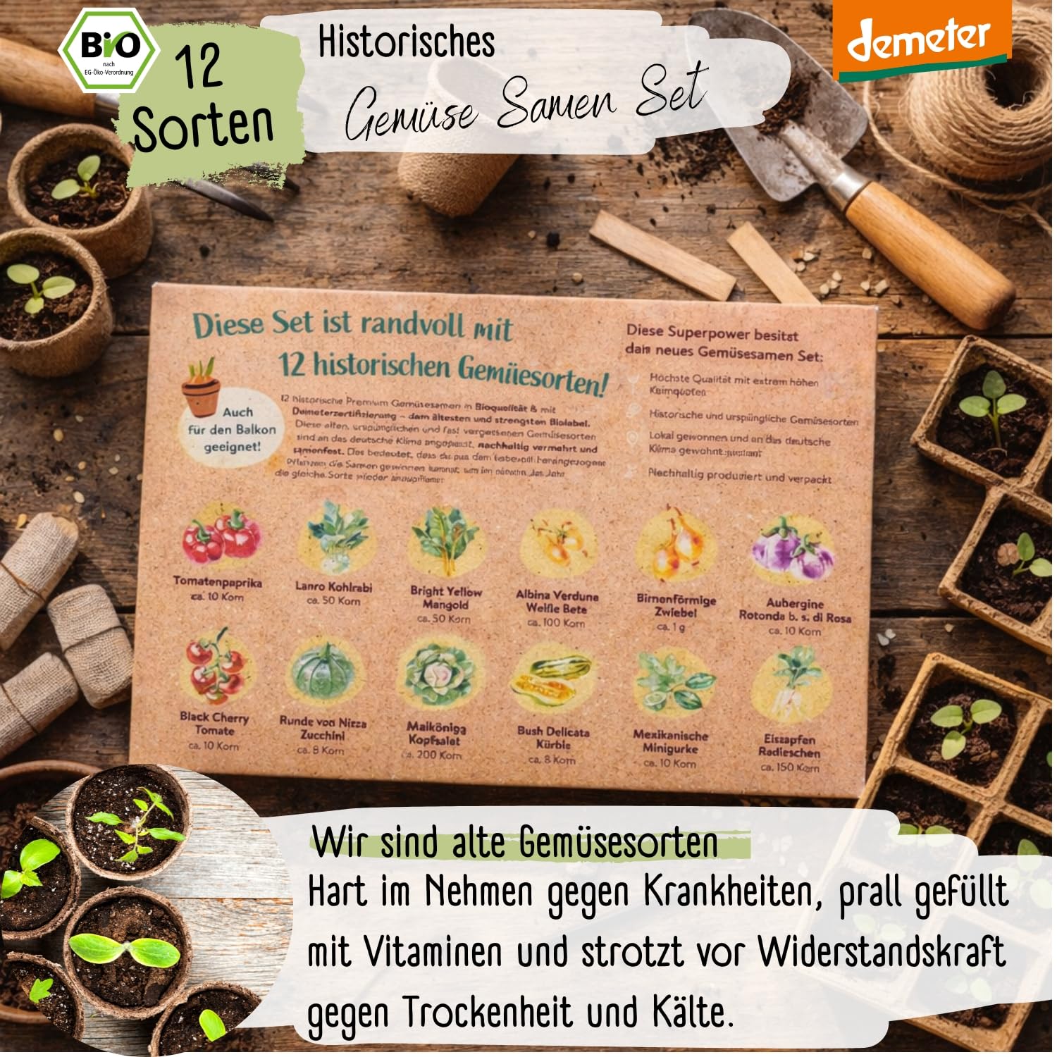 BIO Historisches Gemüse Samen Set - 12 Sorten Demeter Gemüse Saatgut | Seltene u. alte Gemüsesamen allesamt samenfest | alte Gemüsesorten für Balkon, Hochbeet, Garten & als Geschenk | Loveplants