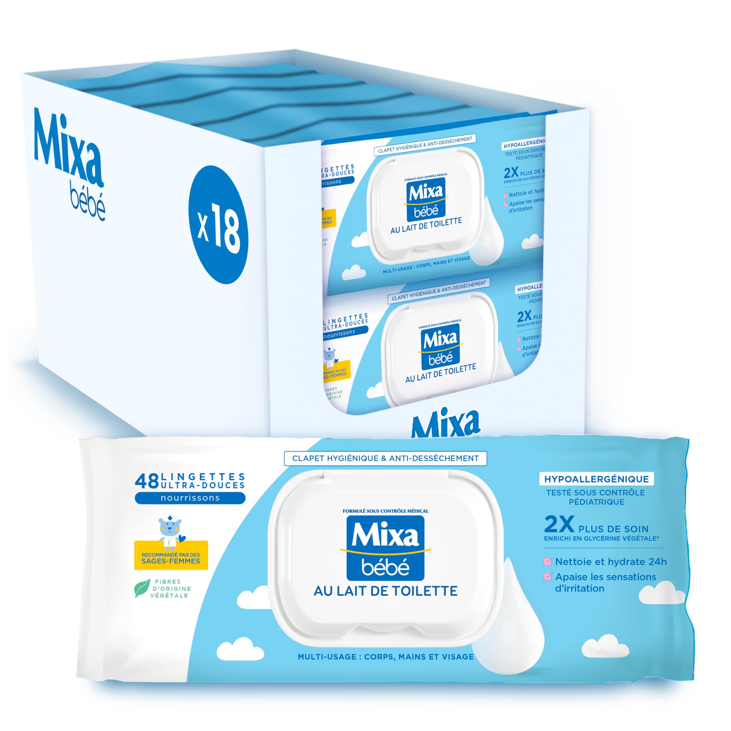 Mixa - Toallitas para bebé con leche de inodoro, 18 x 48 toallitas