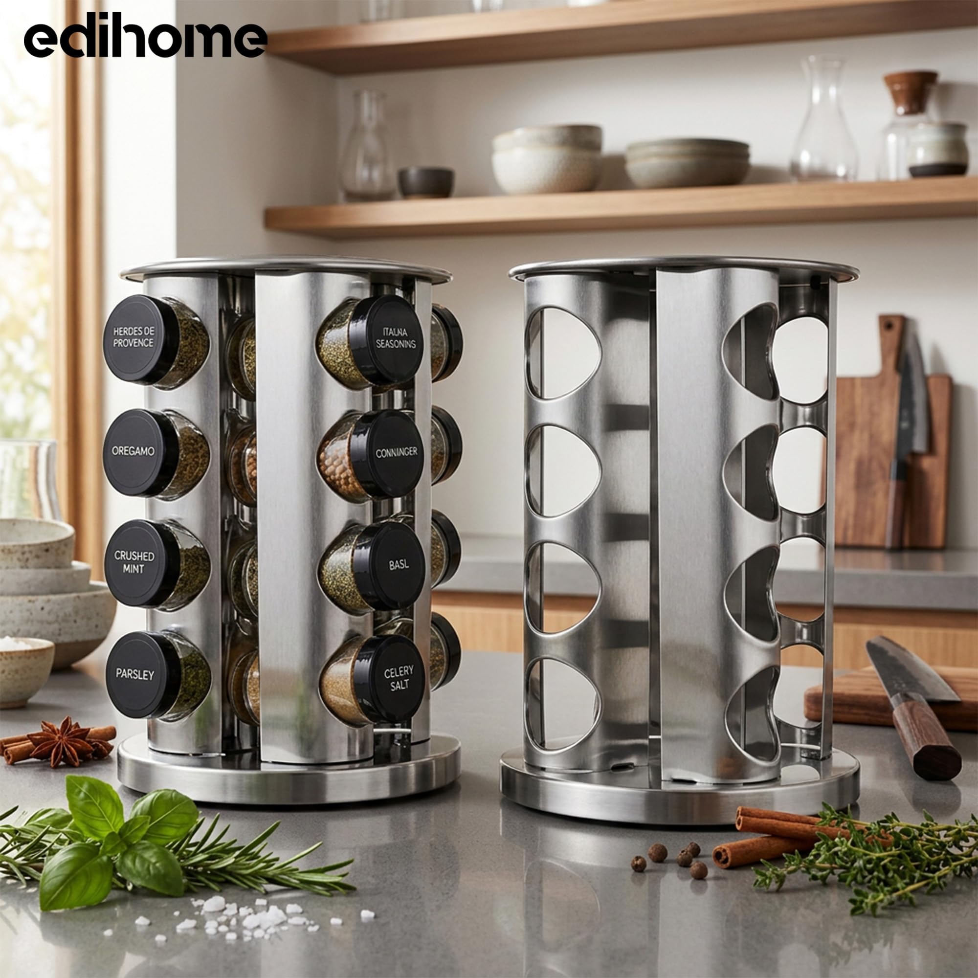 edihome, Porta Spezie per Cucina, Girevole, 360º, 16 Barattoli di Spezie, con Coperchi e Dispenser Individuali, Organizer, con Etichette per Barattoli