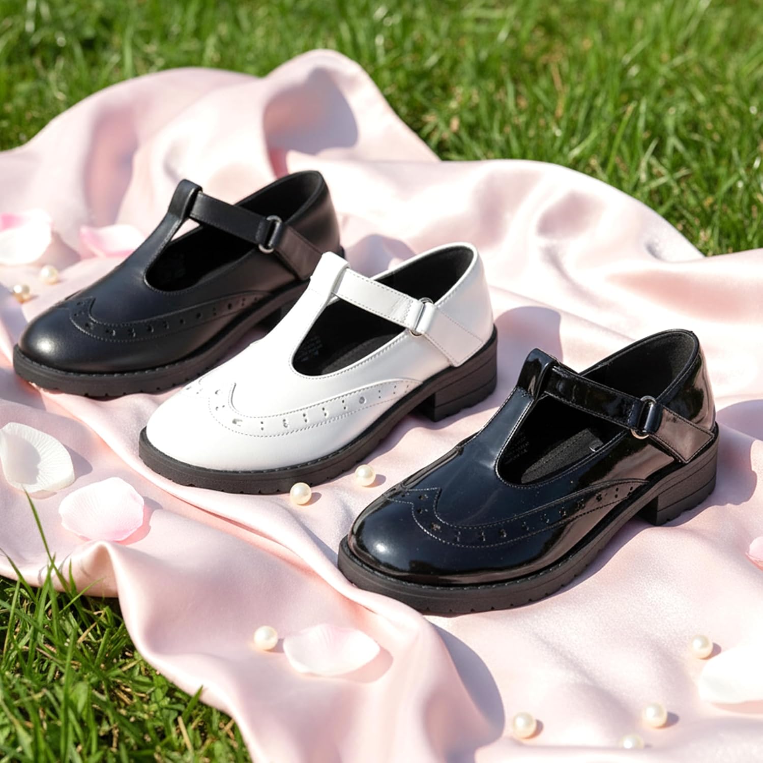 PATPAT Girls School Shoes Mary Jane Shoes Uniform Dress Flats T-Strap Chunky Heel Round Toe Loafers Oxfords for Little/Big Kids