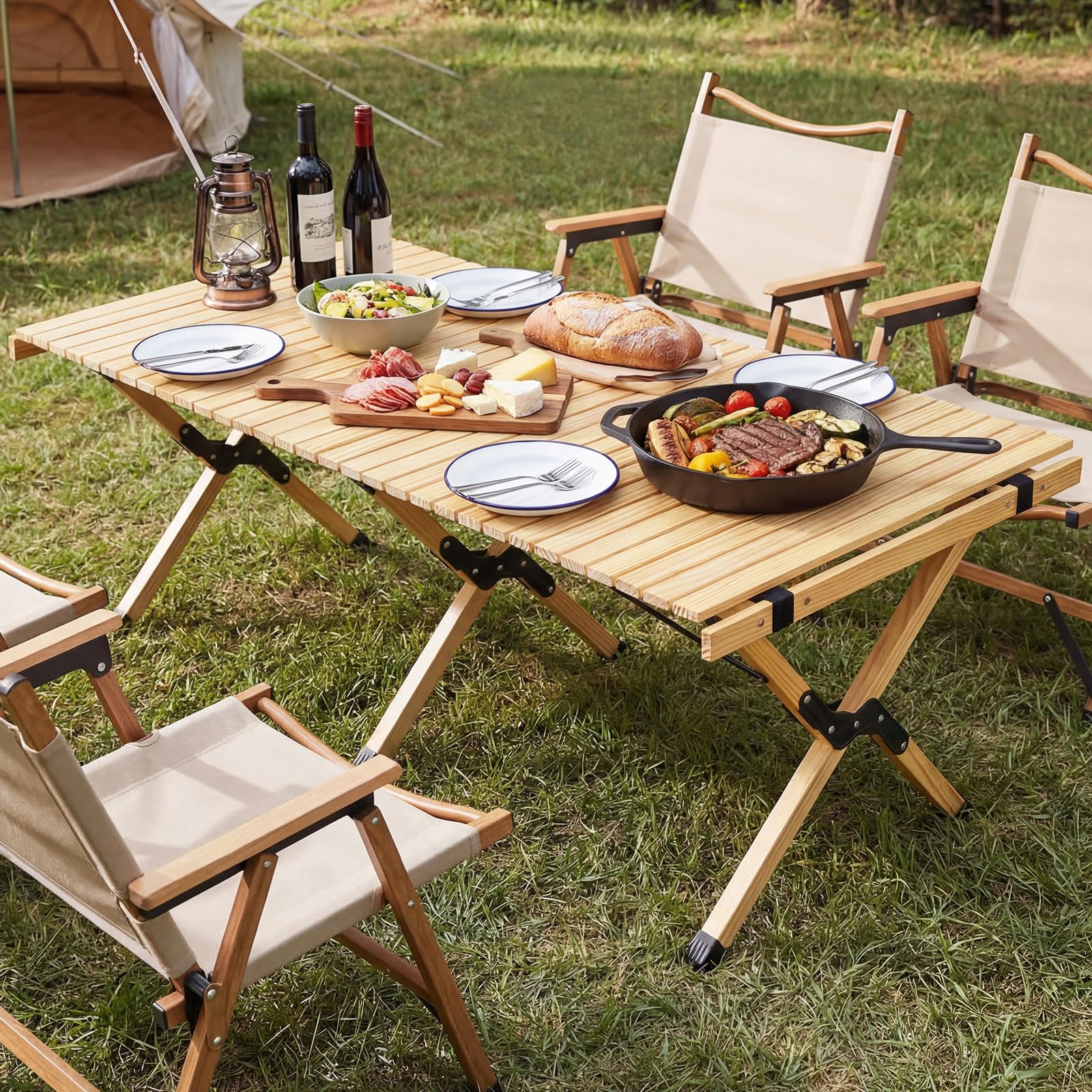 COSTWAY Mesa Plegable Camping, Mesa de Picnic Plegable con Tablero Enrollable de Madera Pino y Bolsa de Transporte para 4-6 Personas, Portátil para Playa, BBQ, Fiestas, 122 x 60 x 45 cm (Natural)