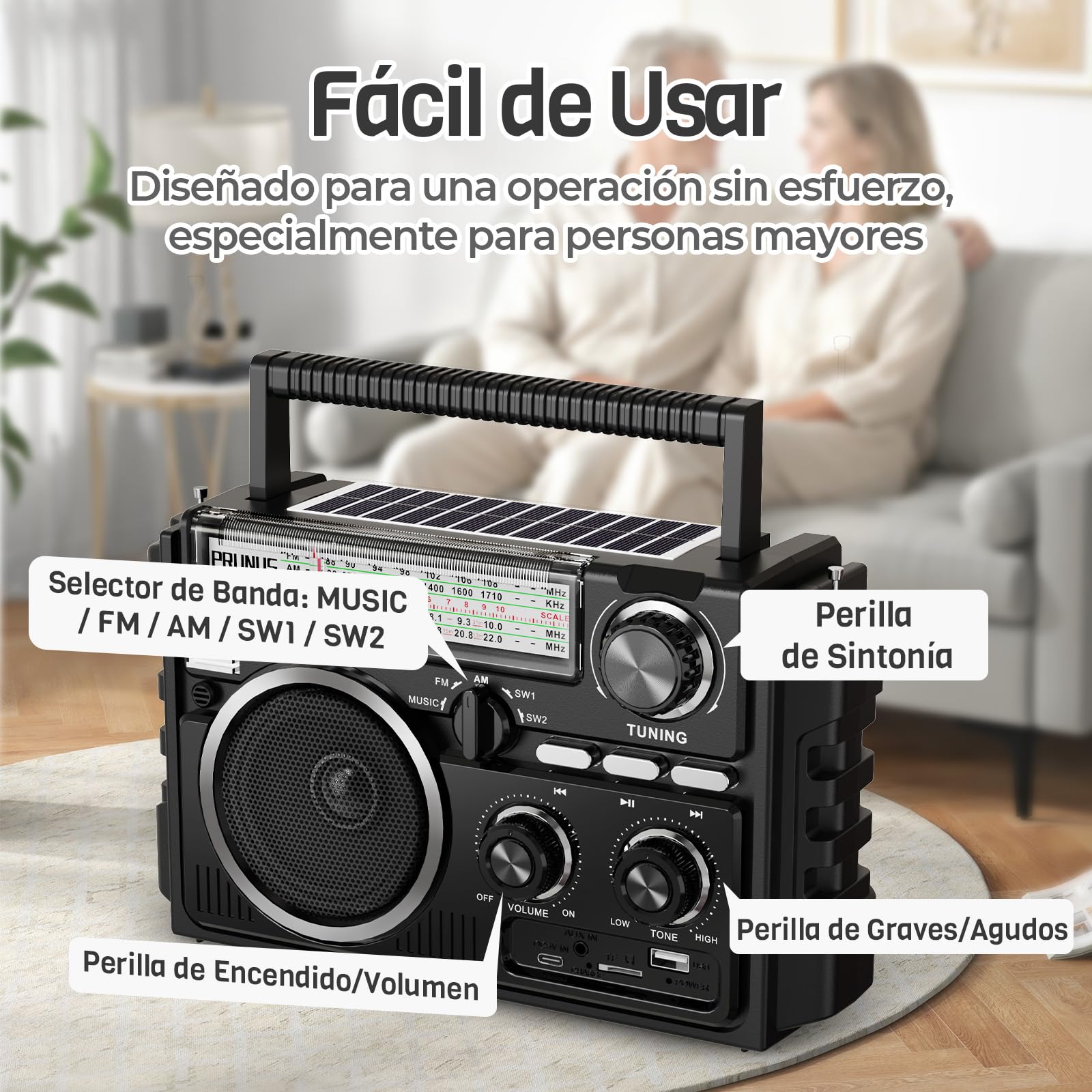 PRUNUS J-02 Radio Portatil Pequeña FM Am SW, Radio Solar y Recargable de 1800mAh, o Funciona con Pilas D, Transistores Radios con Dos Antenas, Reproductor Bluetooth/USB/TF de 5W, Fácil de Usar.