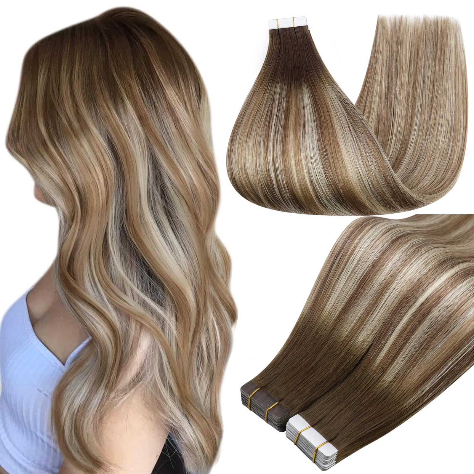 Full Shine Tape In Real Hair Extensions 18Inch Color 3 Fading to 8 Highlighted 22 Blonde Balayage Seamless Tape In Extensions Human Hair 50G Remy Hair Extensions Tape ins Straight 20Pcs for Wedding