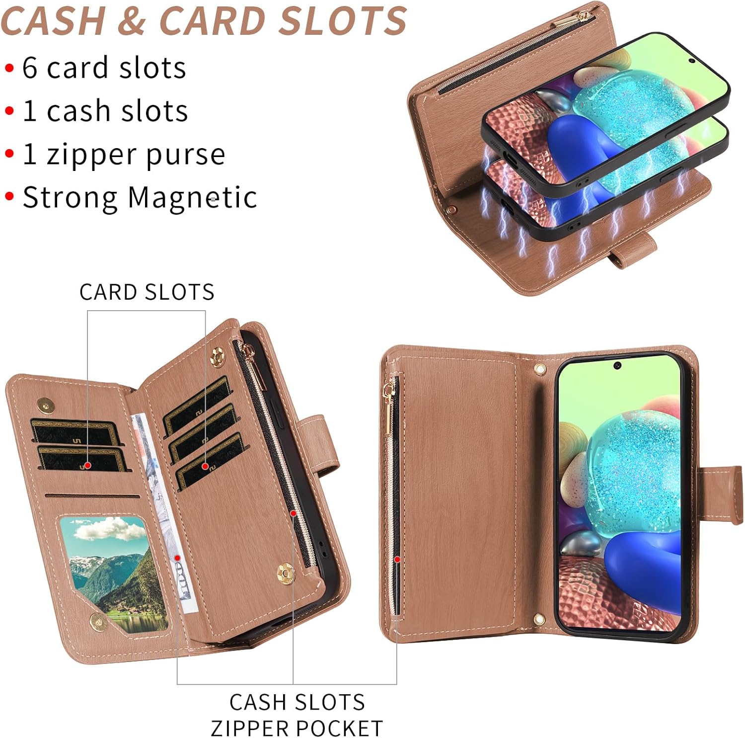 Asuwish Phone Case for Samsung Galaxy A71 5G Zipper Wallet Magnetic Detachable Cell Cover with Tempered Glass Screen Protector Crossbody Lanyard Strap Card Holder A 71 G5 71A S71 Women Men Girls Brown