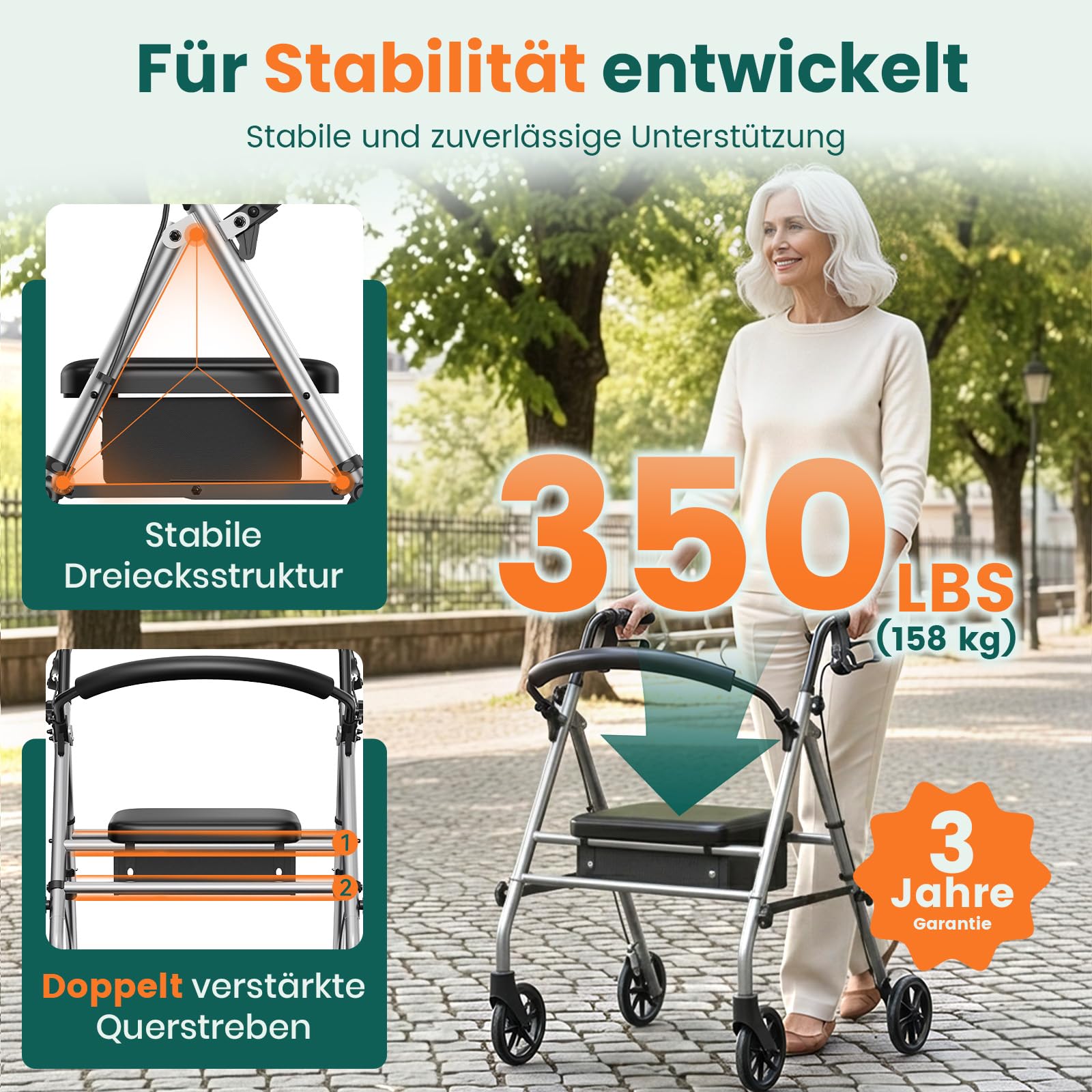 Faltrollator mit Sitz – stabiler 4-Rad-Gehwagen für Senioren & Gehbehinderte, Silbergrau