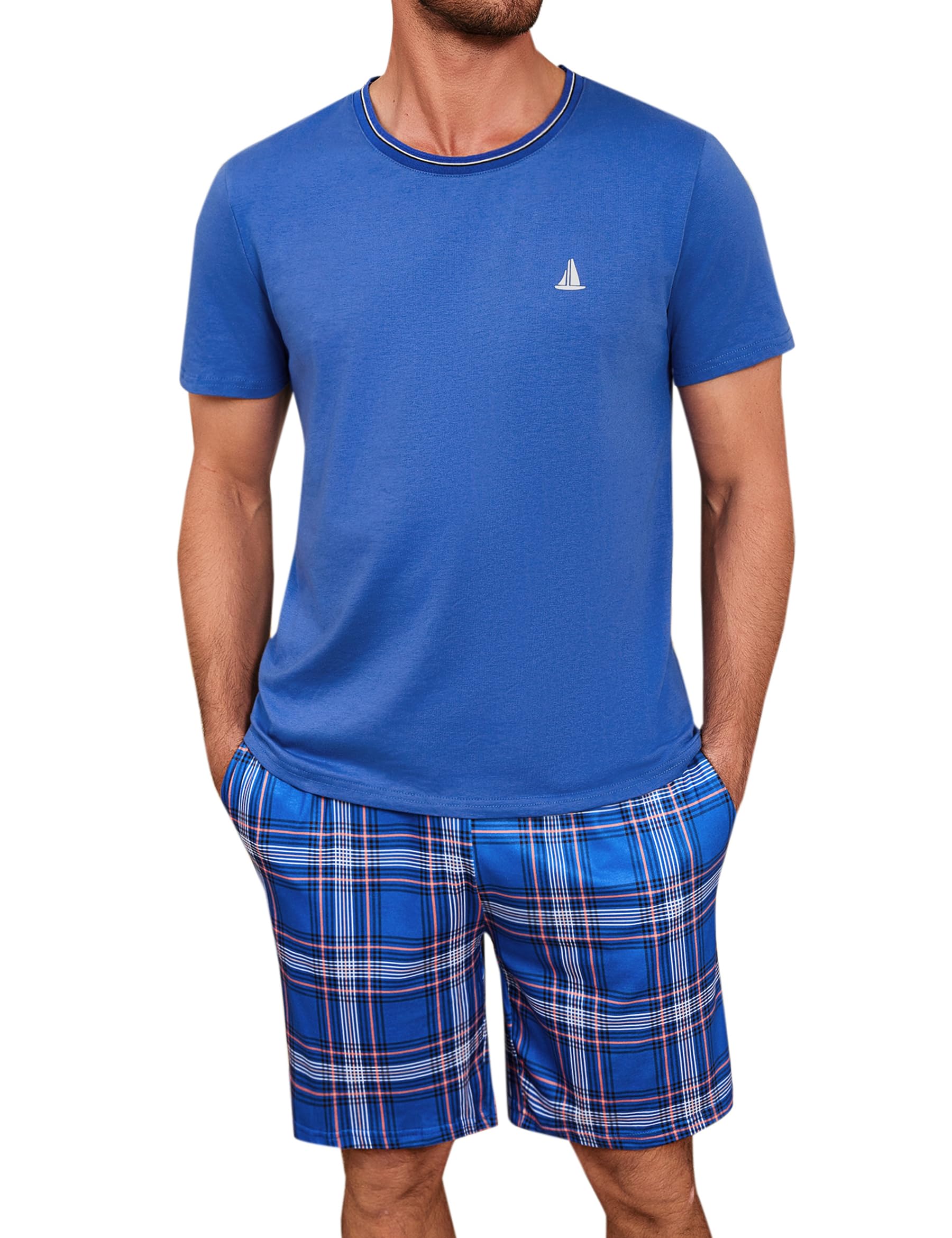 jahetuul Men's Short Pyjama Bottoms Checked Pattern Pyjamas Men's Summer Crew Neck Pyjamas for Men Pyjama Shorts Boys Sleepwear Men, Blue, 4X-Large-picture-38