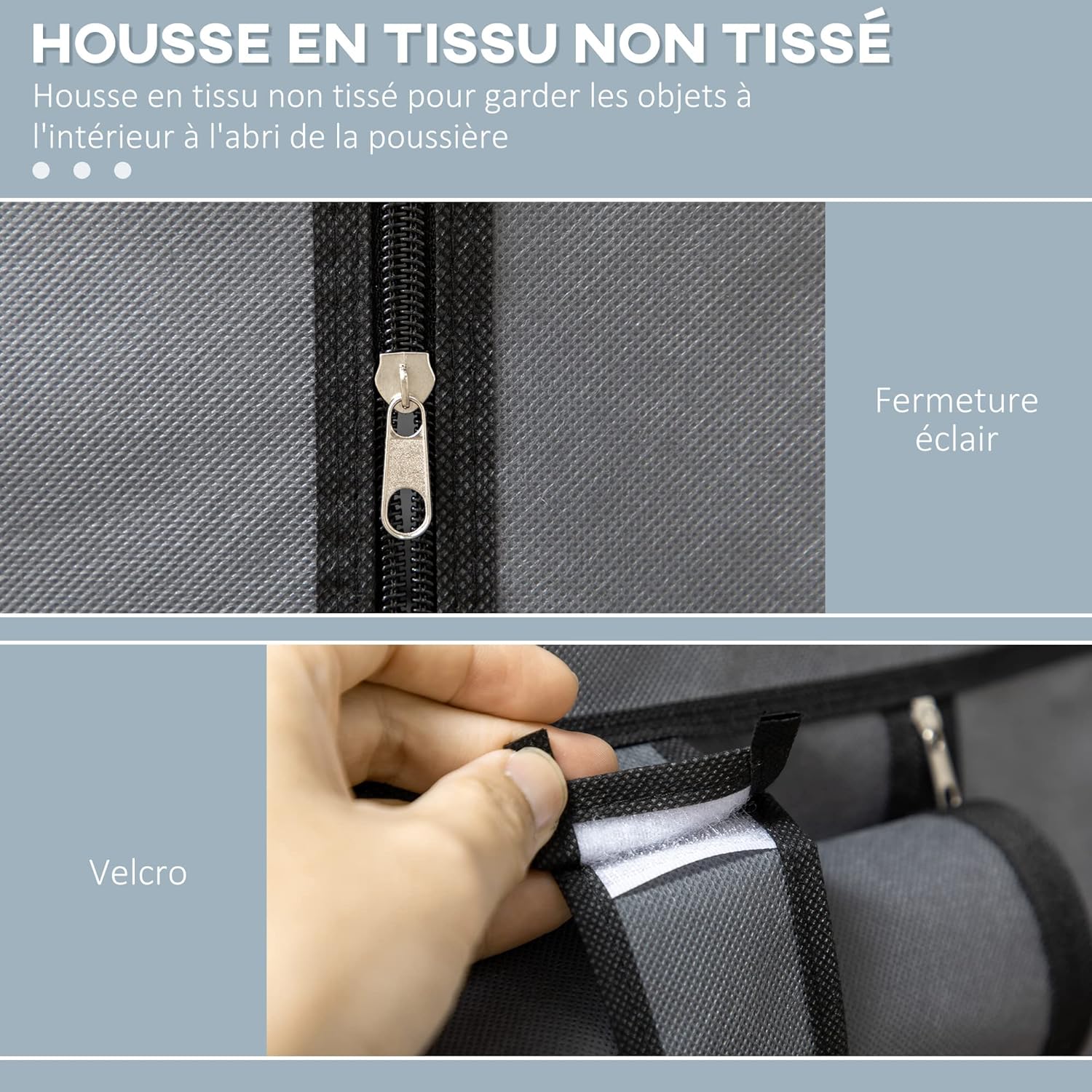 Close-up of the wardrobe's fabric cover showing a zipper and hook-and-loop fastener details.