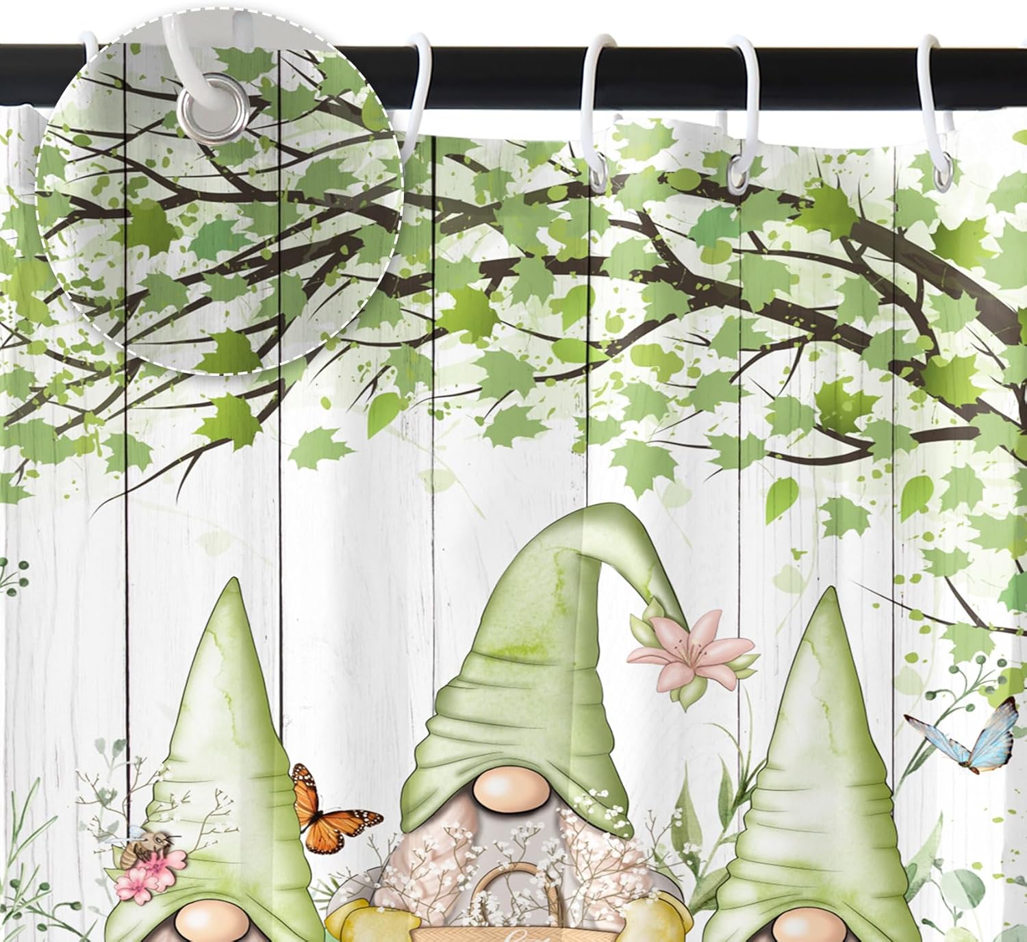 Renaiss 72x72 Inches Spring Gnomes Shower Curtain Green Leaves Tree Butterfly White Wood Board Flower Botanical Plants Fabric Shower Curtains for Bathroom Decor Waterproof Fabric with Hooks