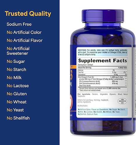 Miniatura 8 de Puritans Pride Aceite de pescado omega-3 de triple resistencia 1360 mg 950 mg de omega-3 activo 120 unidades el embalaje puede variar