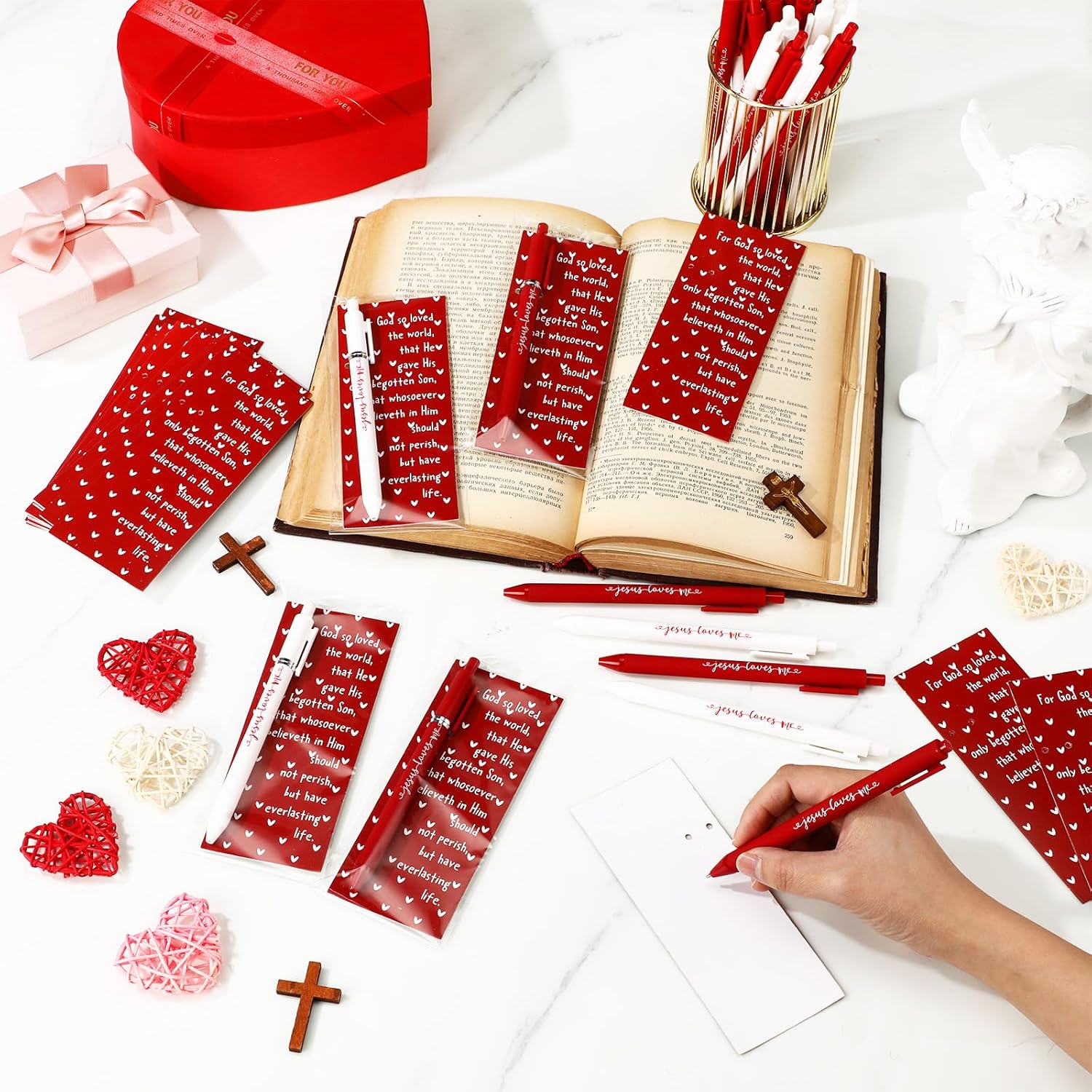 Sayglossy 25 Set Valentine‘s Day Christian Gifts Bulk Include Bible Verse Valentine‘s Day Ballpoint Pens Jesus Loves Me Pens Inspiring Quote Bookmarks Religious Bookmark for Women Men Office Gifts