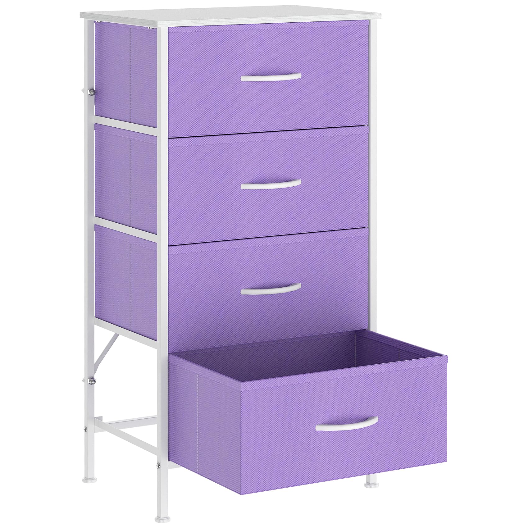 KU Syang Dresser with 4 Drawers - Fabric Chest of Drawers with Large Storage Space, Modern Tall Tower Unit Storage Organiser for Living Room/Bedroom, Wooden Top and Metal Frame (Purple)