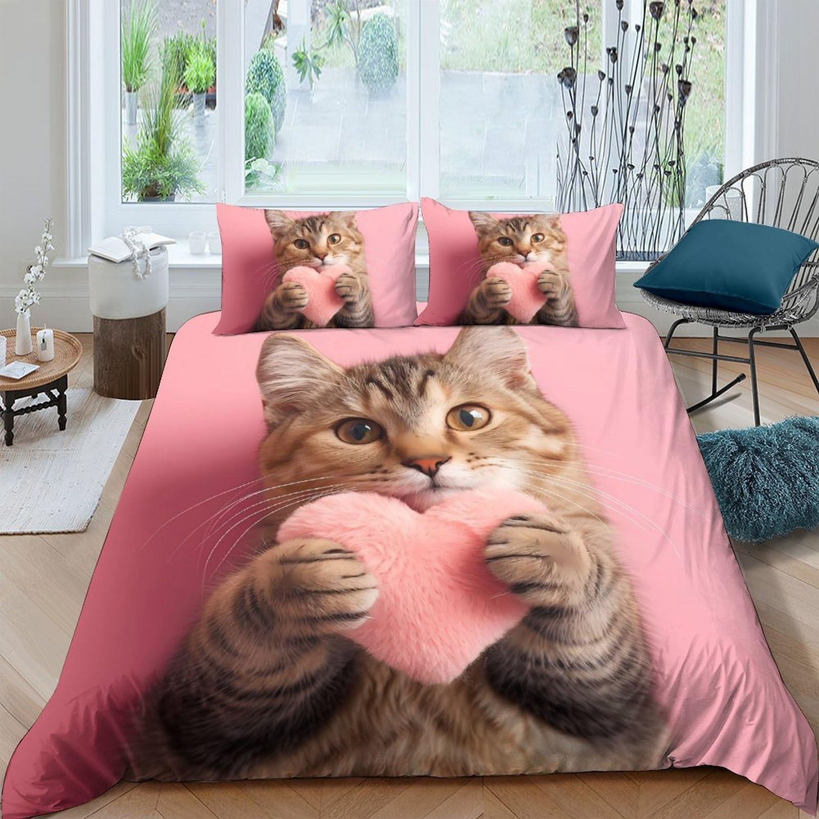 Ctjqhvkz Style-9 3D Printed Cute Cat Holding Heart Fitted Sheet Microfiber Pink Animal Bed Cover For Bedroom Guest Room Decor Single（135X200cm）