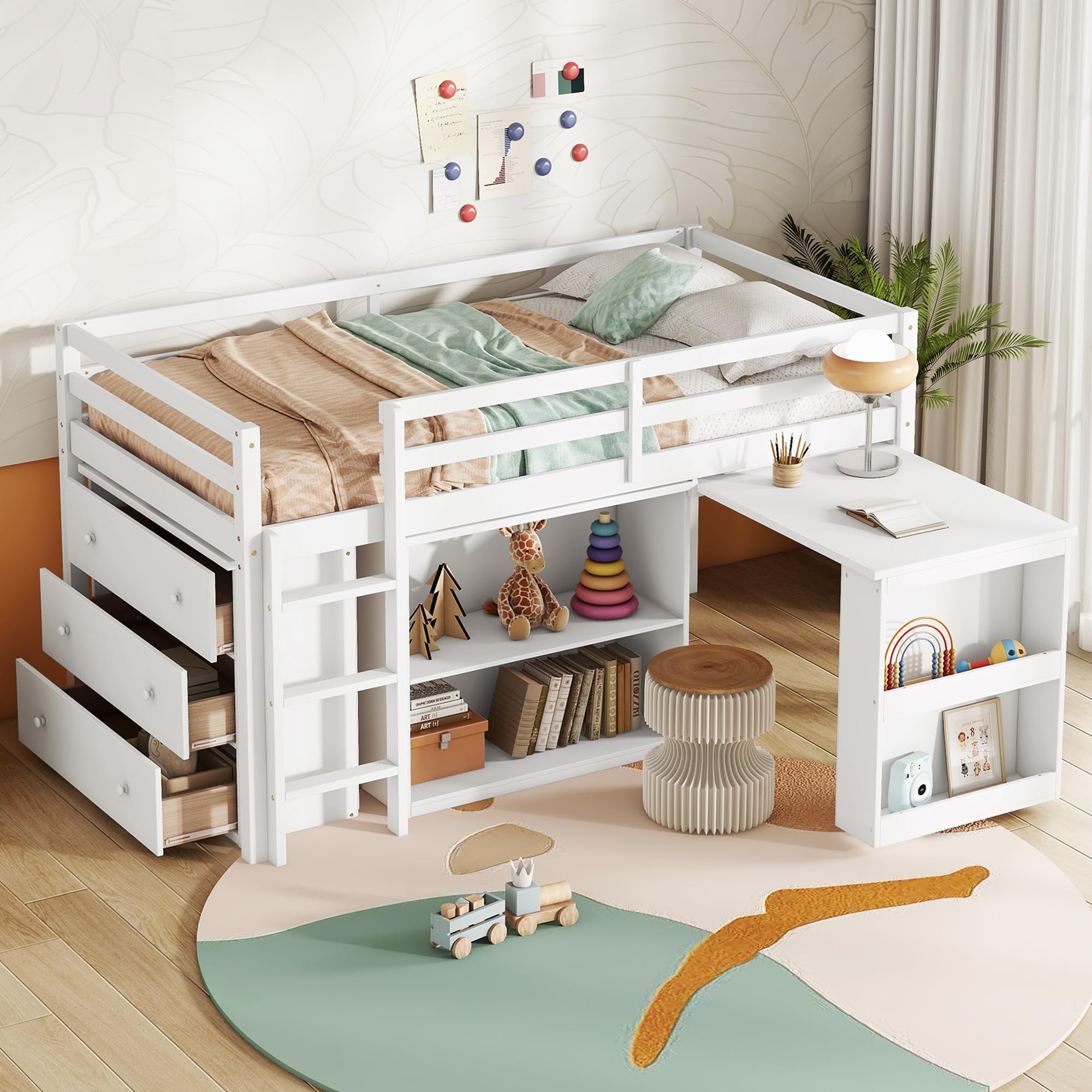 Mirightone Low Loft Bed with Storage Drawers,Wood Twin Size with Pulling -Out Desk and Shelf Cabinet, Kids Low Loft Bed for Girls or Boys, No Box