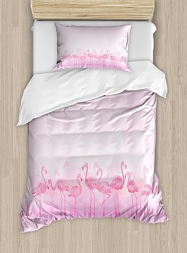 Ambesonne Juego de funda de edredón de flamencos, bandada de flamencos caribeños sobre lago y pájaros, estampado abstracto de reflexión, juego de