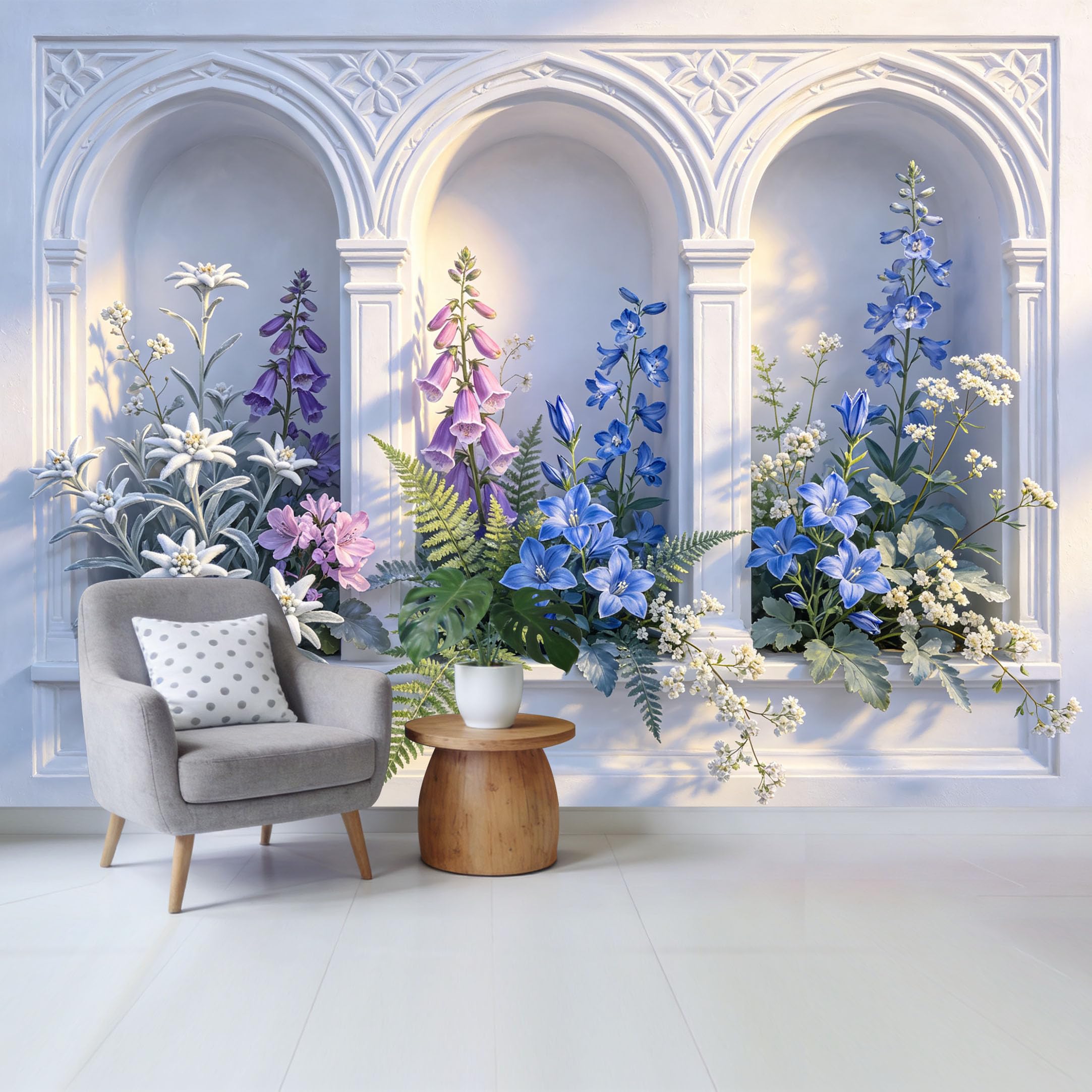 Custom Size Wall Mural Floral Arch Window Botanical Garden 3D Trompe l’oeil Removable Self Adhesive Fabric Home Wall Decor for Living Room Bedroom Bathroom