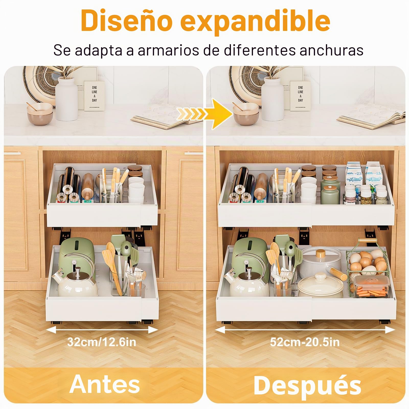Cajón Telescópico 2 piezas Cajones Extraibles Para Cocina Bandeja Armario Cocina Cajón Deslizante Para Alacena Cajón de Cocina Extensible Desplegable Organizador de Cajones(52-32 x 42 x 7cm)