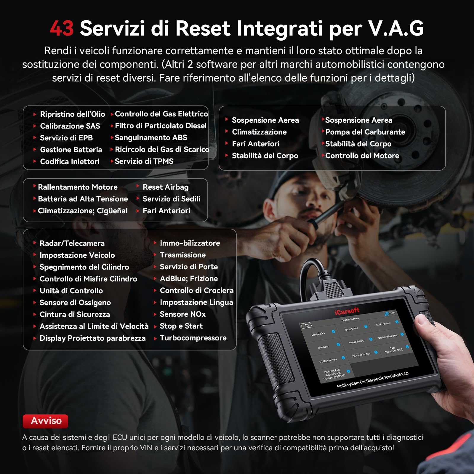 iCarsoft VAWS V4.0 OBD2 Diagnostica per VW/Audi/Skoda/Seat + 2 Marche Opzionali, Diagnosi Auto Professionale di Tutti i Sistemi, 43 Servizi per VAG, Test Bidirezionale, Auto VIN, Aggiornamento WiFi