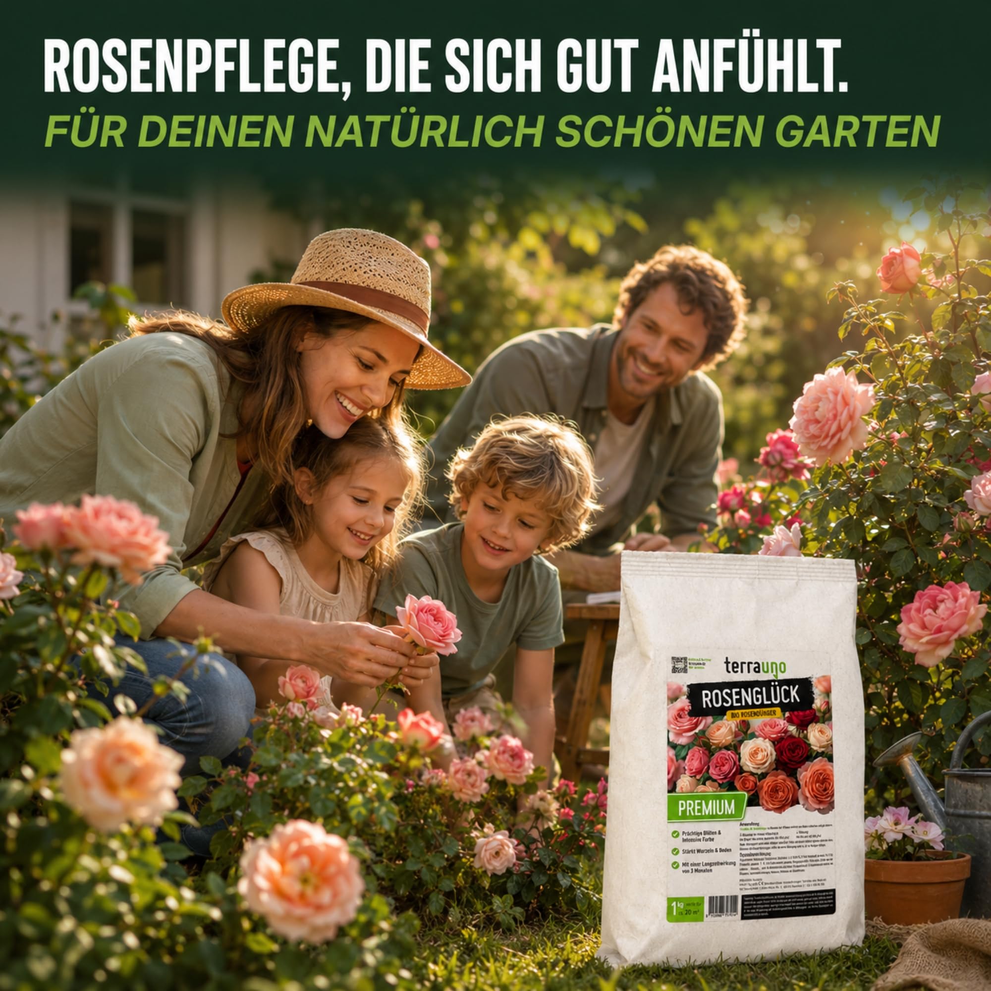 TerraUno Rosenglück Rosendünger Bio 1 kg, Rosen Dünger Langzeit für Beet-, Kletter- & Edelrosen, stärkt Wurzeln, für Prächtige Blüten & Intensive Farben, Organischer Blumendünger