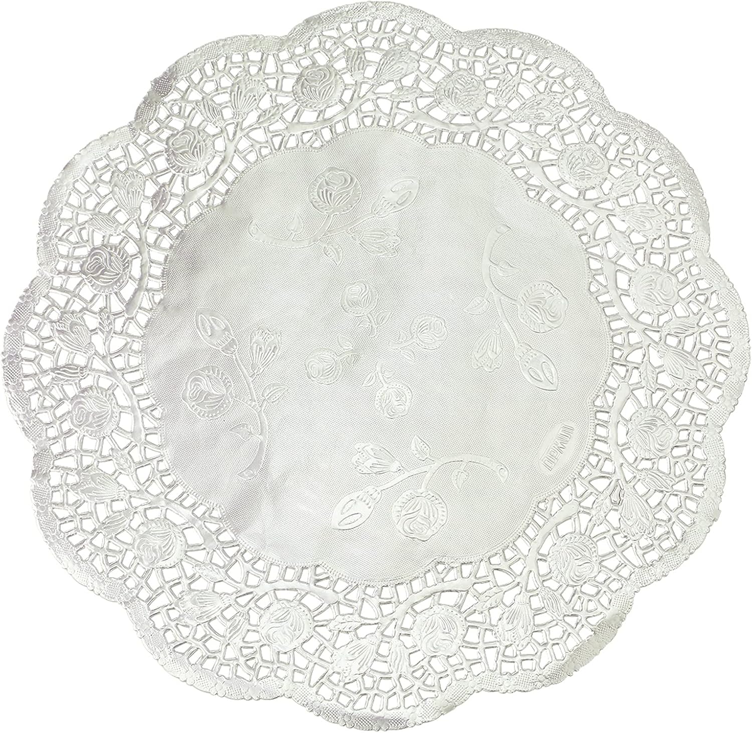 Dulcet Delights Foil Doilies Bulk Pack - Lace Paper Doily Pastry Box - Decorative Paper Placemats for Cakes, Desserts, Baked Treat Display, Tableware Decoration - 12" Diameter - Set of 100 - Silver