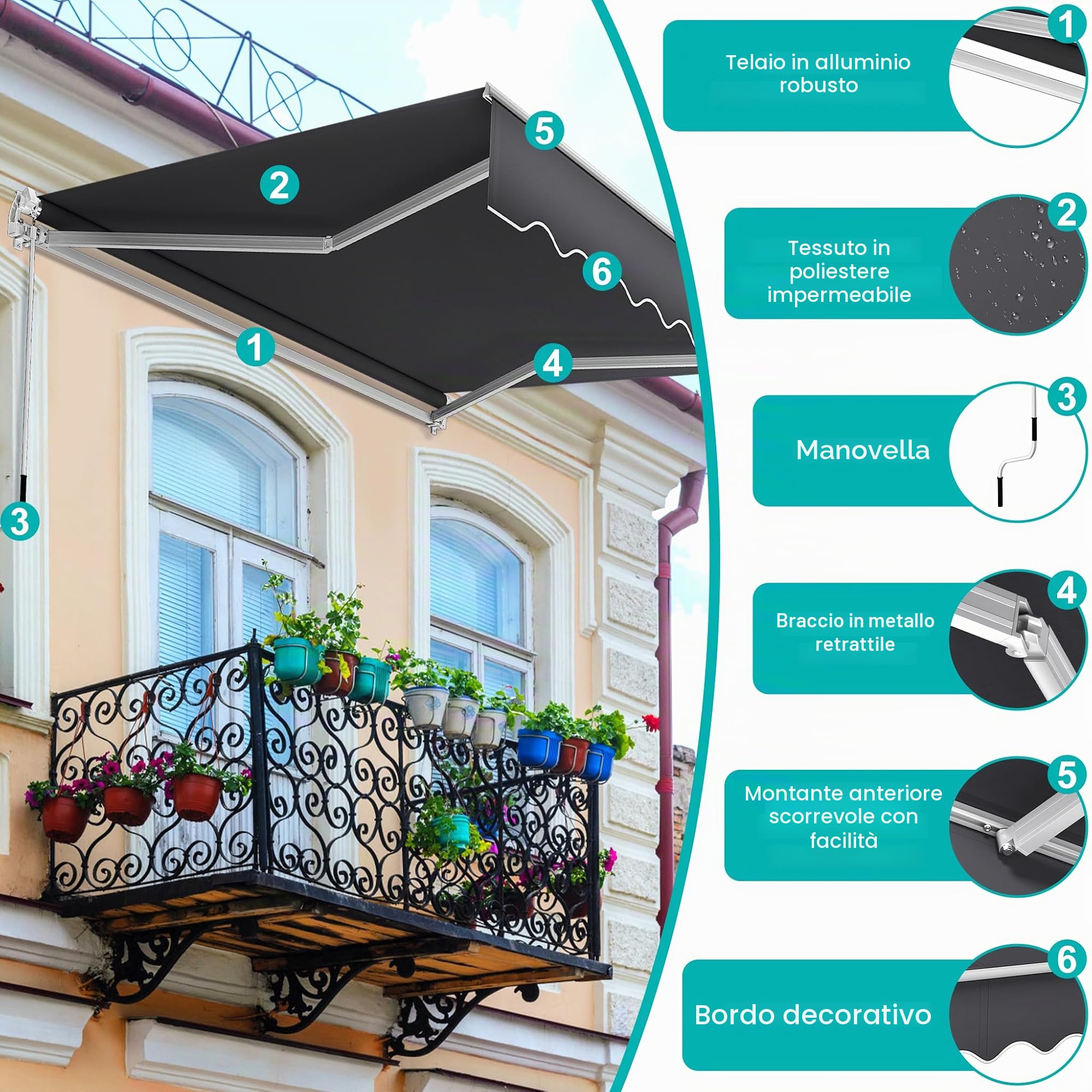 Aufun Tenda da Sole per Esterno Avvolgibile, Tenda da Esterno a Bracci Estensibili con Manovella Manuale, anti-UV impermeabile per Balcone e Terrazzo (360x300 cm, grigio scuro)
