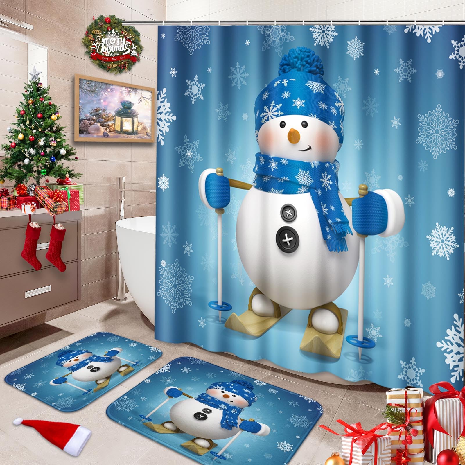 Juego de baño azul para evitar salpicaduras con cortina de ducha de Navidad 1