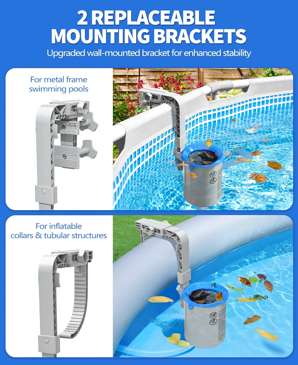 Upgrade Above Ground Pool Skimmer Comes with 3 Socks, Anti-tilt Wall Mount Surface Skimmer, Removable Skimmer Basket, Adjustable Height Bracket, Auto Skimming Pool Surface Leaves - Gray