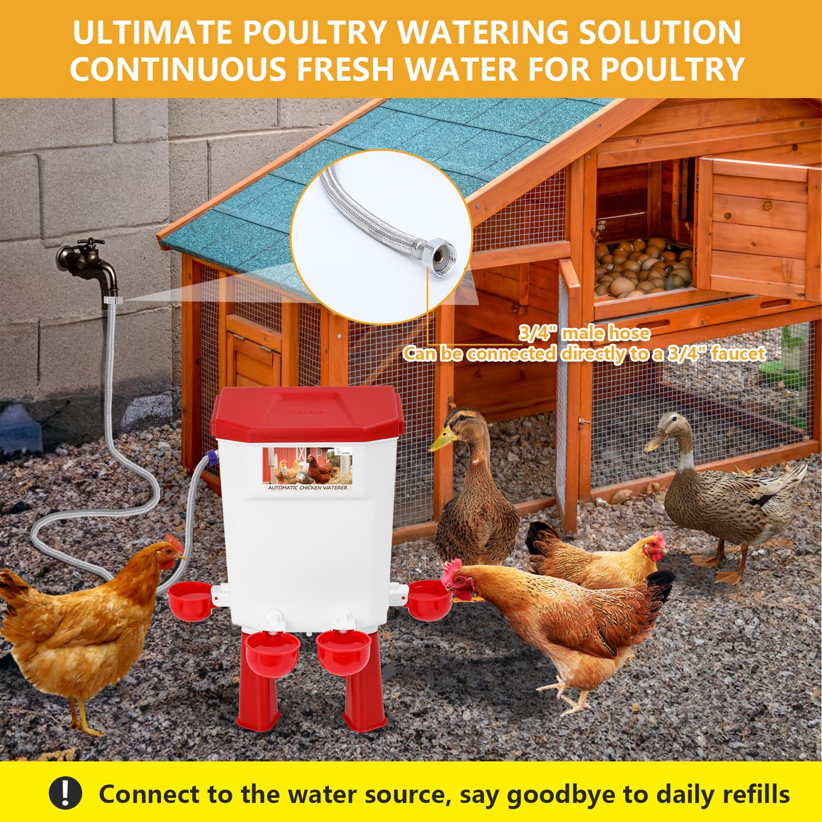 Lilyang Bebedero automático de pollo controlado por flotador para agua fresca continua, bebedero de pollo autollenado con manguera de agua de 60 pulgadas (un extremo de 3/4 pulgadas), adecuado para