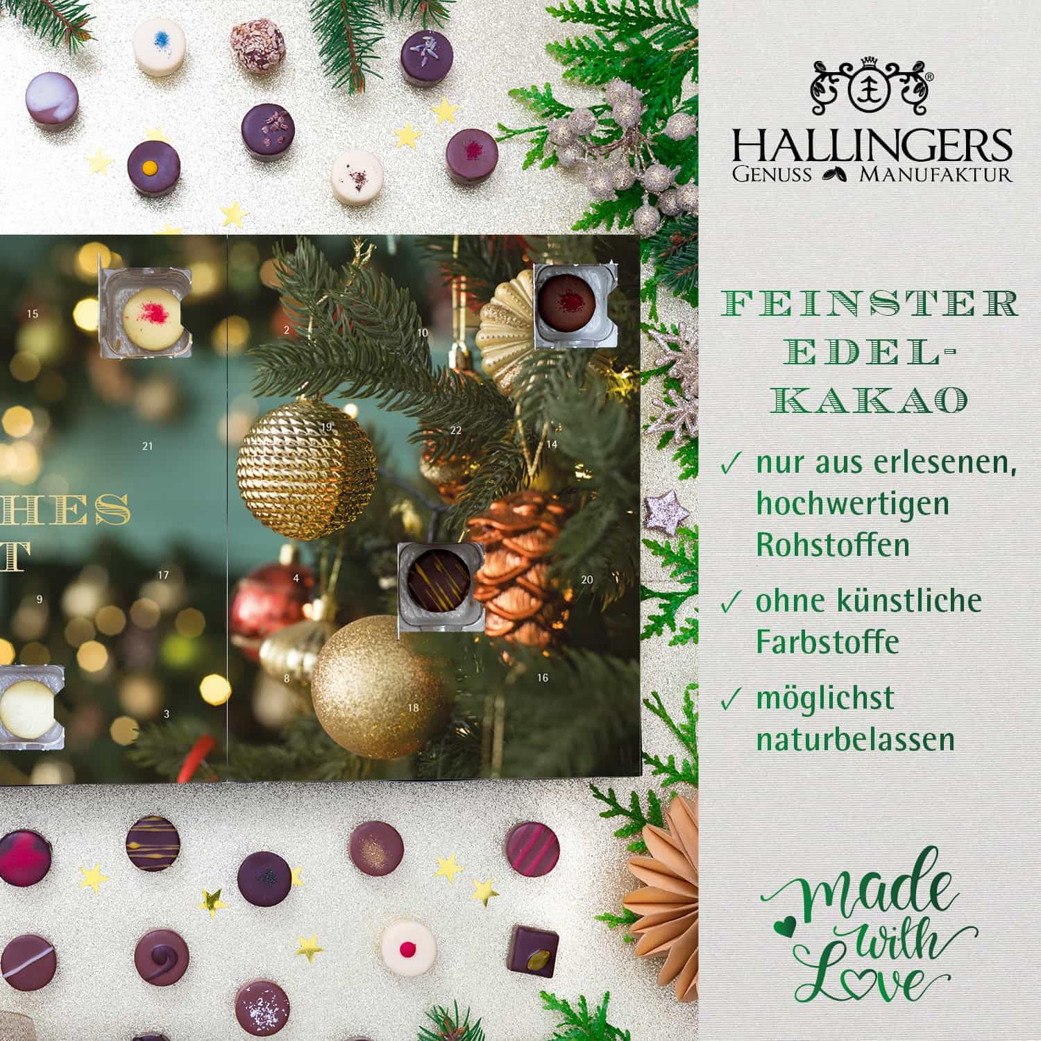 Hallingers Genuss Manufaktur Vegane Pralinen Adventskalender - mit & ohne Alkohol, handmade aus Confiserie-Edelkakao in wertigem Softfeel-Karton "Weihnachtsstimmung", Weihnachtskalender für Frauen