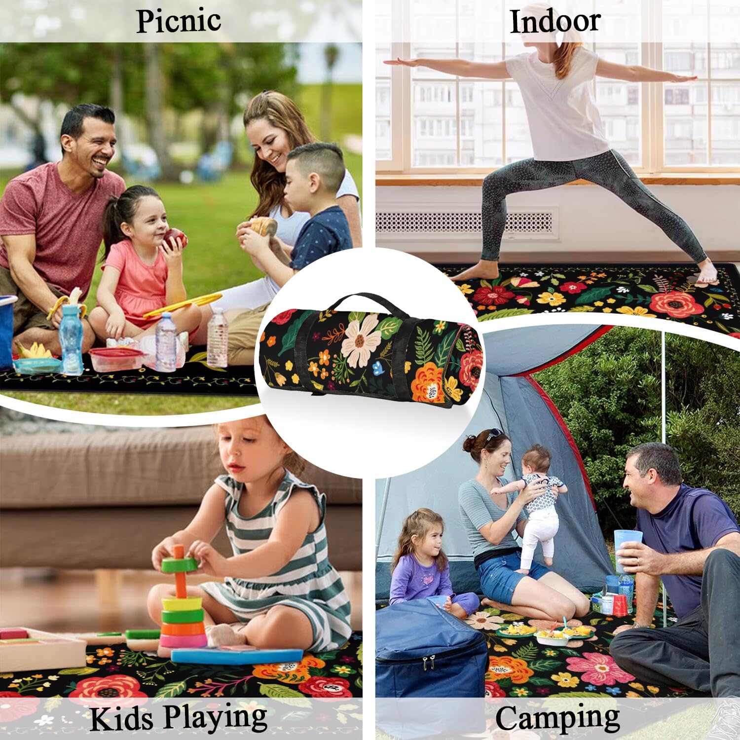 Picnic Blankets Waterproof Foldable Extra Large,80"x 80" Outdoor Beach Blanket Sandproof,3-Layer Lightweight Handy Mat Tote Picnic Camping Rugs for Outside Your Rv (Boho Vintage Floral Black)