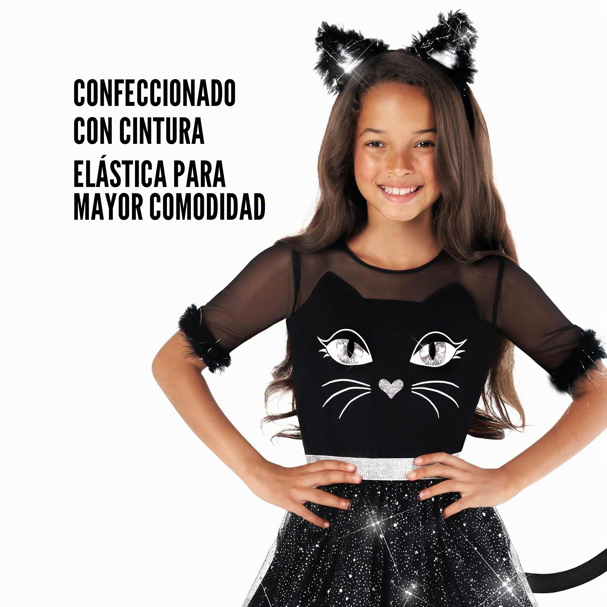 Morph Disfraz Gato Negro Niña, Disfraz Halloween Niña | Vestido con Cola, Falda de Purpurina & Diadema con Orejas, Perfecto para Halloween, Ideal para Juegos de Rol