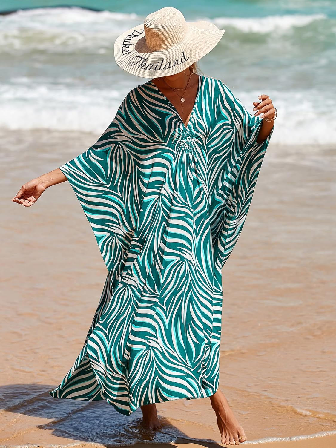 Moss Rose Caftan Coverup Dresses for Women V Neck Summer Swimsuit Kaftan Plus Size Maxi Beach Vacation Clothes - Image 2