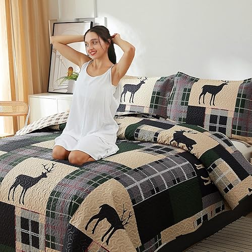 Miniatura 3 de Juego de colcha de cabaña rústica, tamaño King, juego de ropa de cama de ciervo, colcha ligera reversible, colcha con estampado de alce y alce,