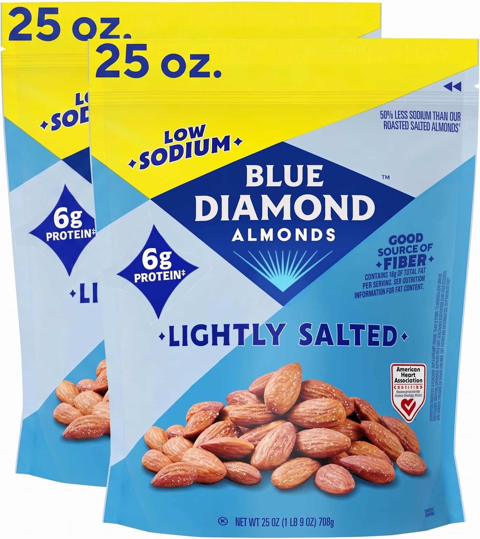 Blue Diamond Almonds Low Sodium Lightly Salted Snack Nuts, 25 Oz Resealable Bag (Pack of 2)