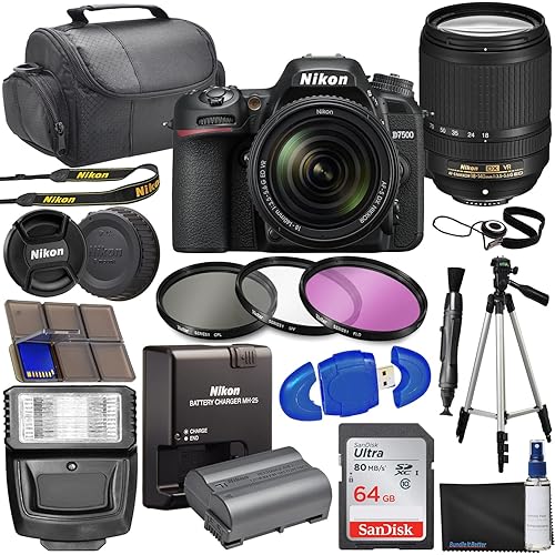 Nikon D7500 DSLR Camera with 18-140mm VR Lens + 64GB Card, Tripod, Flash, 3 Piece Filter Kit, Carrying Case + More
