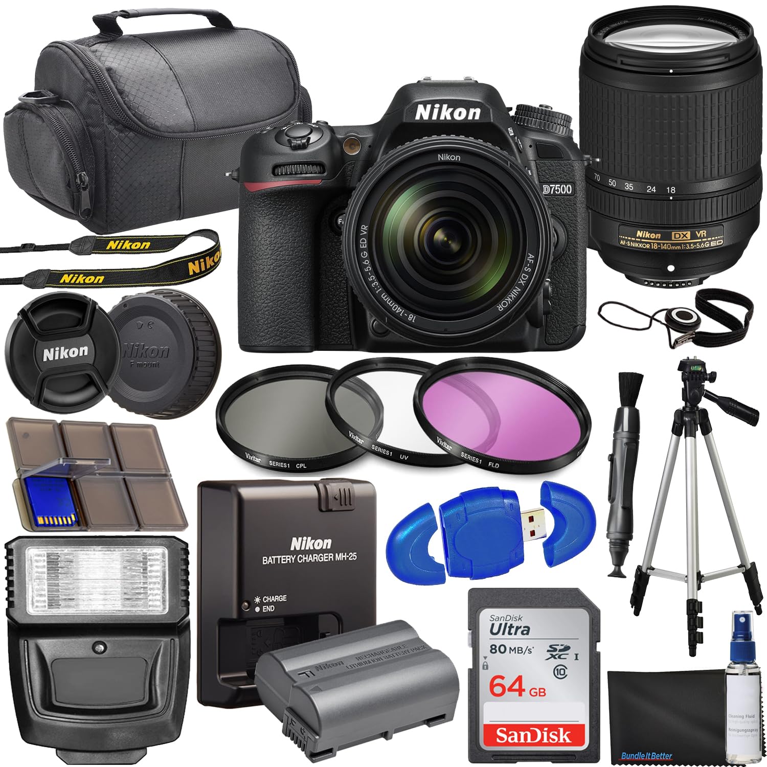 Nikon D7500 DSLR Camera with 18-140mm VR Lens + 64GB Card, Tripod, Flash, 3 Piece Filter Kit, Carrying Case + More