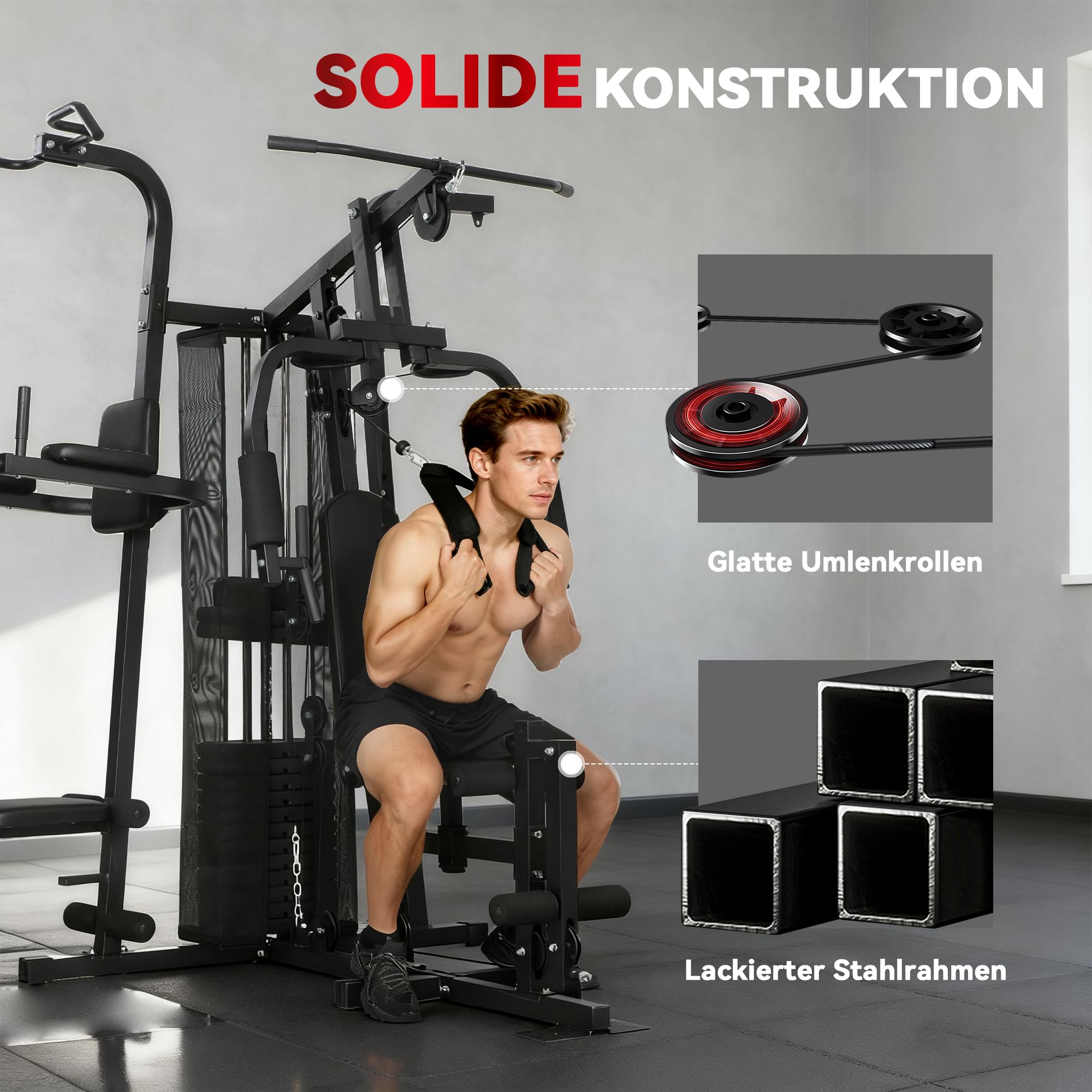 SPORTNOW Kraftstation Fitnessstation mit Latzug Butterflystange 69kg Gewichten, Seil, verstellbar Bank, Multifunktion Multistation bis zu 120kg belastbar Fitnessgerät Trainingsstation für Zuhause