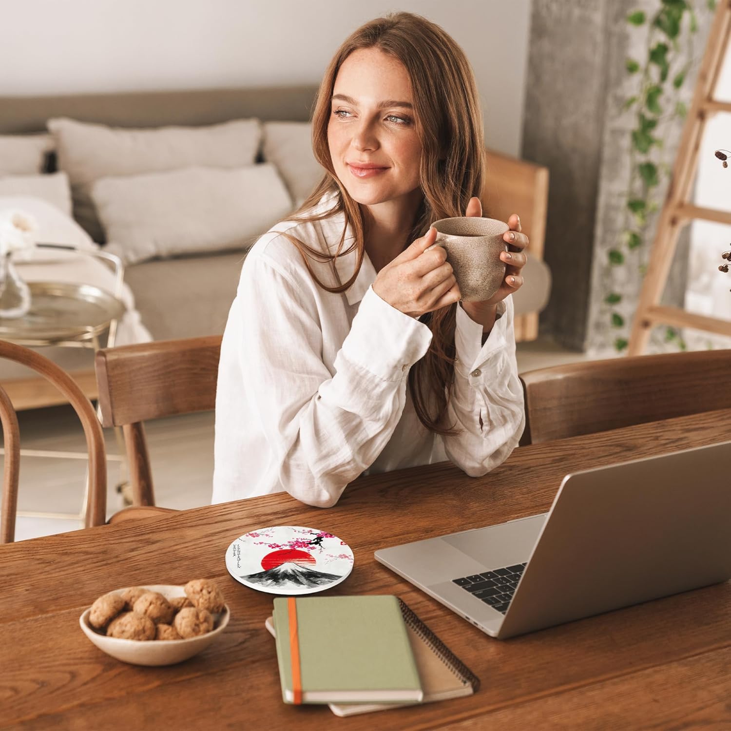 Drinks Coasters Set of 4, Japanese Sun Cherry Blossom Round 4" Cup Coasters, Absorbent Ceramic Stone Coasters with Cork Base, Cute Coasters for Table Home Décor, Ideal Gifts for Women Men - Image 5