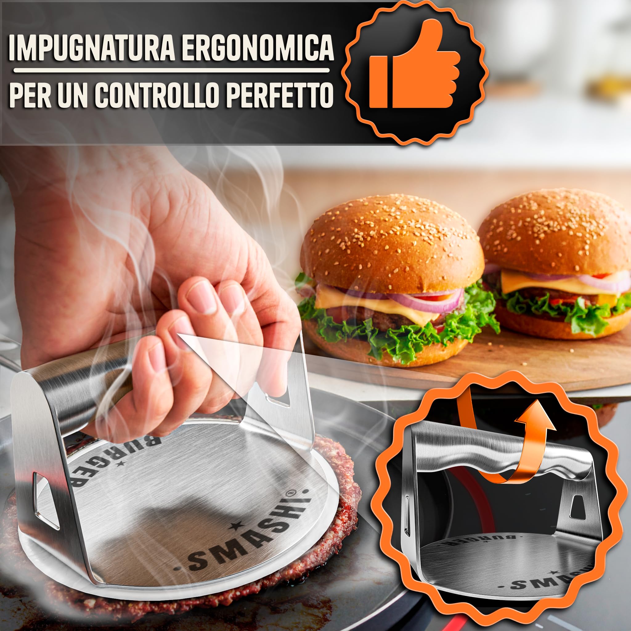 SMASHI® Kit Smash Burger Professionale – Pressa Hamburger in Acciaio Inox 304 Certificato EU | Espátola, Pressa, 50 Fogli Antiaderenti | Il Kit Autentico per Smash Burger