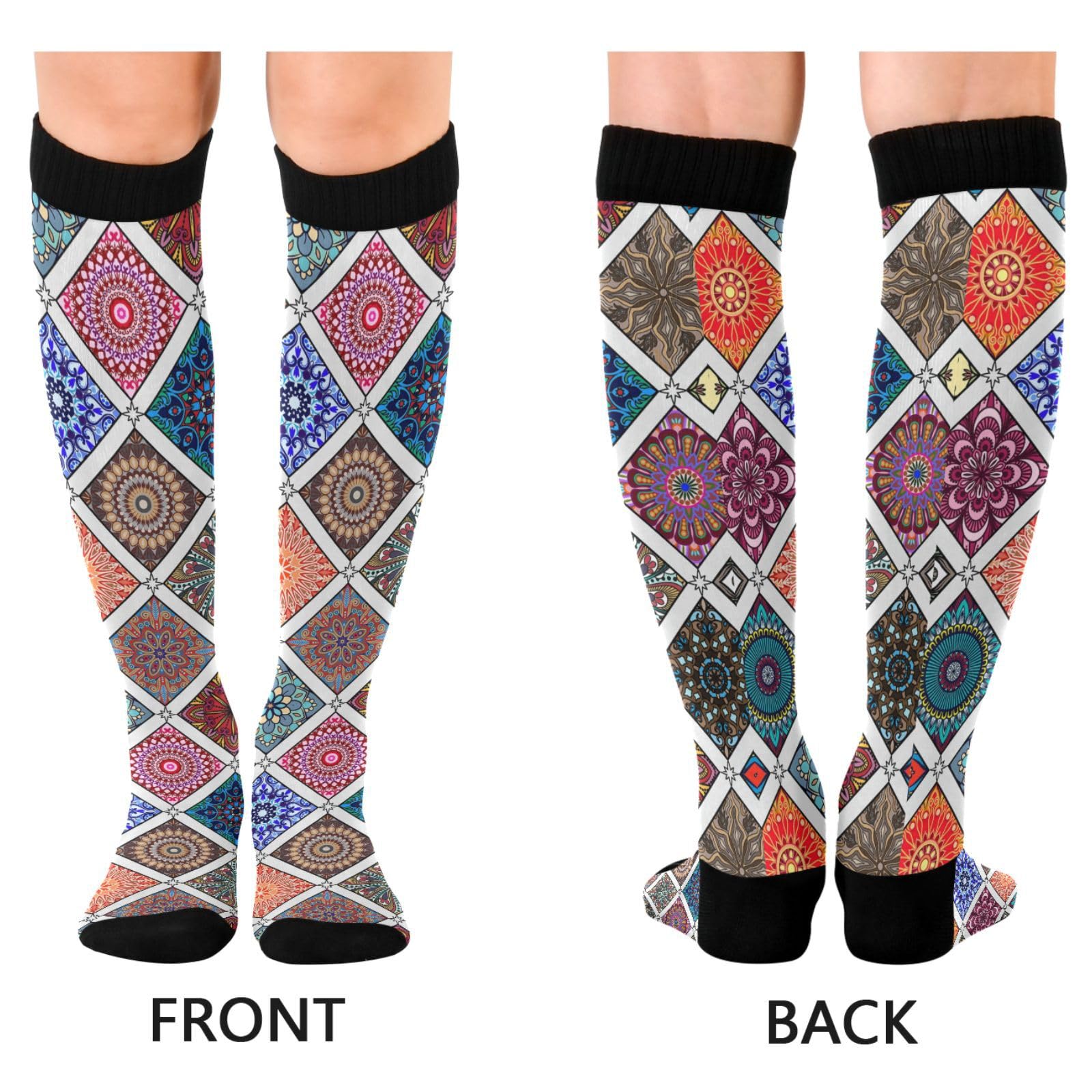 2 Pairs Unisex Compression Crew Knee Soft Circulation Socks High Sock Long Athletic for Running,Travel,Cycling Print Set colored Mandala Ethnic Elements