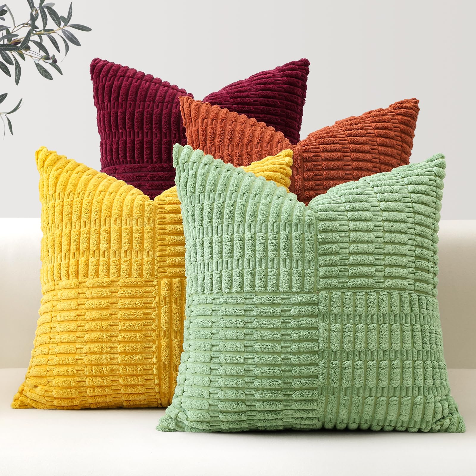 Sungeek Set of 4 Decorative Cushion Covers 40 x 40cm Soft Corduroy Striped Patchwork Boho Farmhouse Throw Pillow Cases, Fall Mix and Match Home Decor for Couch Bed Patio 16x16 Inch, Yellow Rust