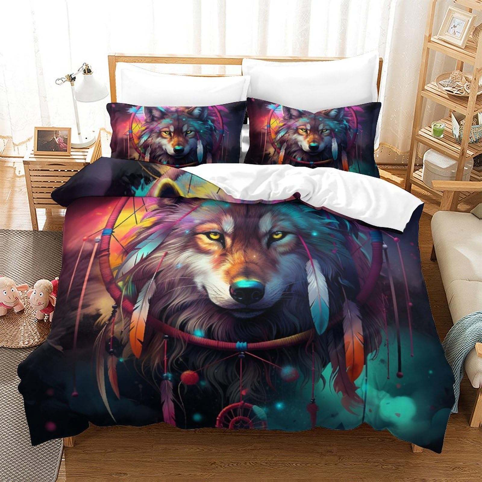 Housse de couette loup 3D 260x220 cm facile à laver pour grand lit