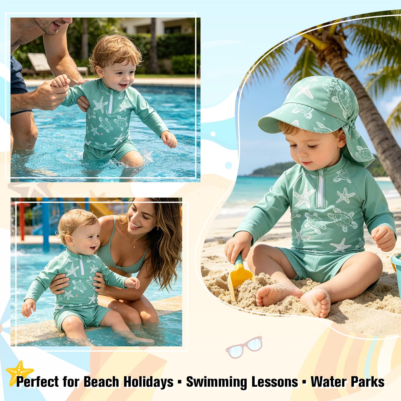 Conjunto de baño de Dos Piezas para niños pequeños Gorro Camiseta de baño de Manga Larga y Pantalones Cortos para la Playa la Piscina y Las Vacaciones