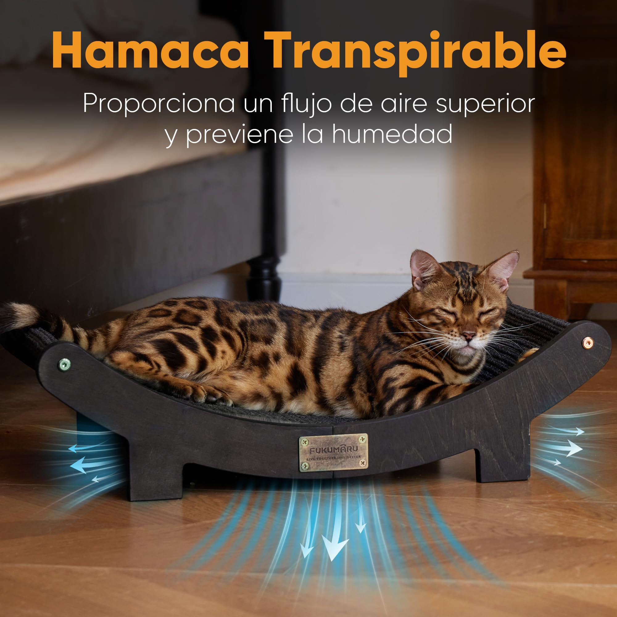 FUKUMARU Rascador de sisal en Madera, 60 cm Cama rascadora Robusta para Gatos domésticos, Hamaca de sisal 100% Natural, Base de Madera Maciza para Dormir y rascar uñas (Negro)