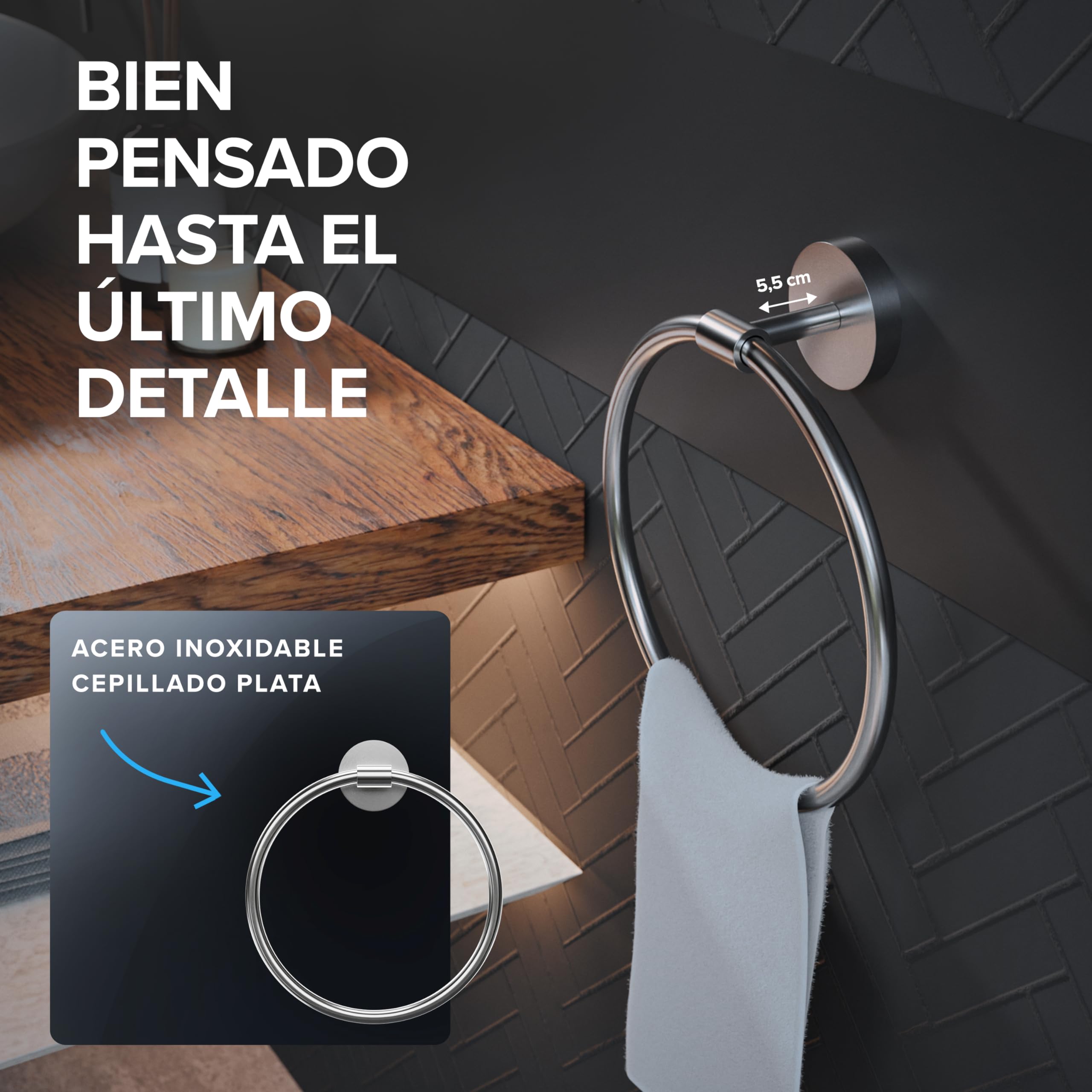 ovimar Anillo de toalla Rubjerg rectangular | acero inoxidable plateado | toallero para taladrar | diseño moderno | fijación en la pared | para el baño, los invitados o la cocina
