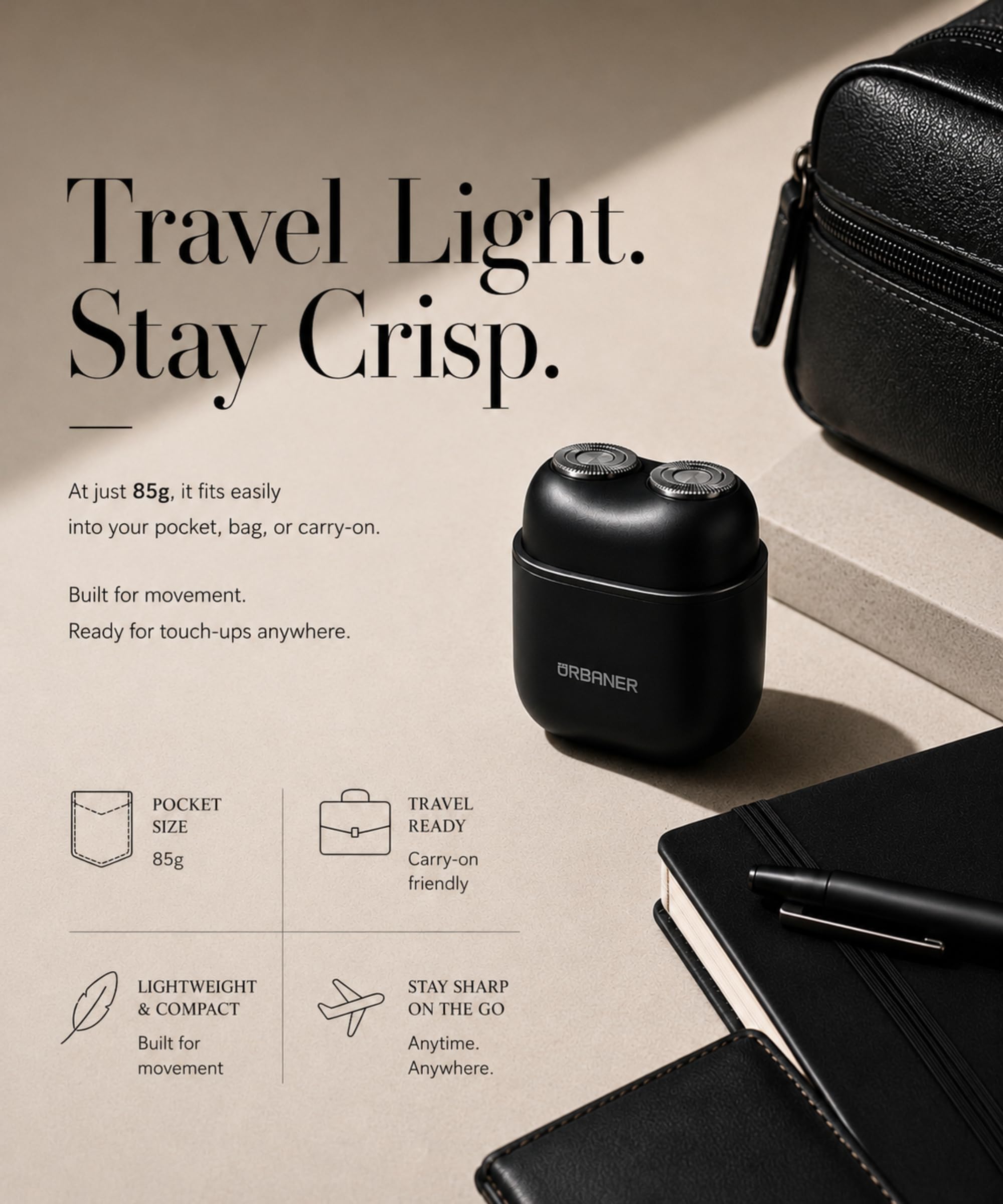 URBANER Mini rasoio, rasoio portatile da uomo, rasoio da viaggio da uomo, mini rasoio elettrico, doppia testa rotante, testa magnetica, impermeabile IPX6, ricaricabile USB-C, 85 g, nero opaco