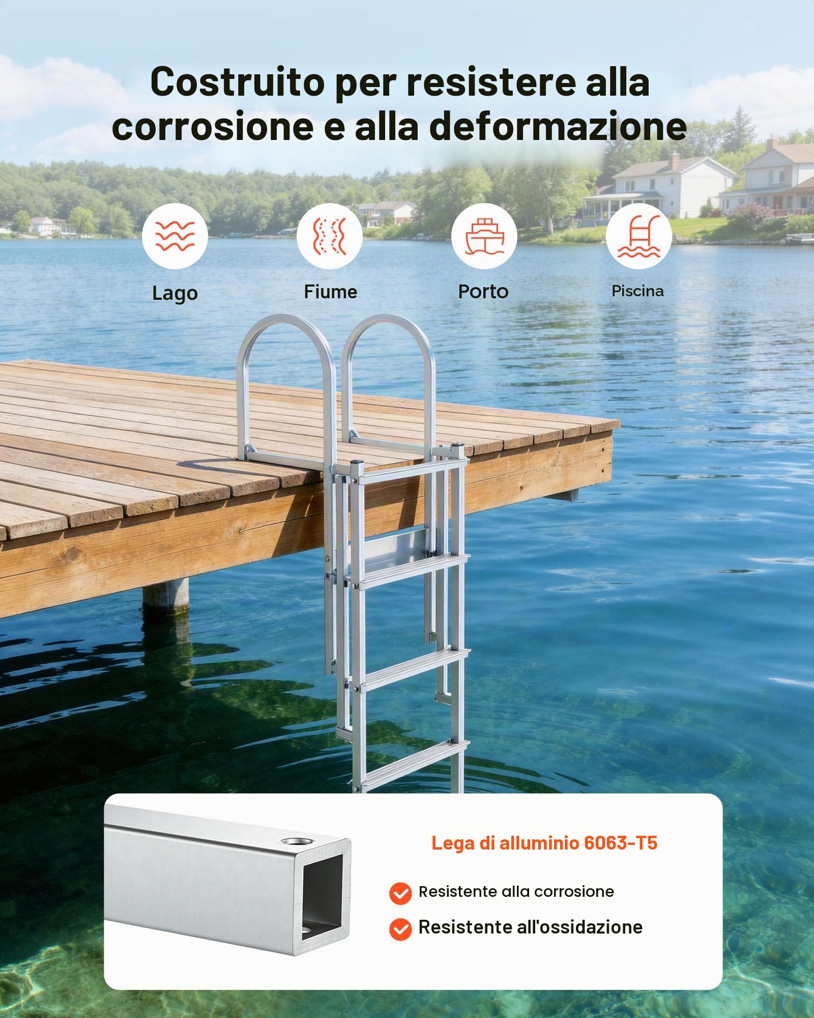 VEVOR Scaletta Telescopica per Molo, Scaletta Dritta Retrattile da Pontile, 5 Gradini Antiscivolo in PP, Portata Massima 227 kg, Struttura in Lega di Alluminio, Galleggiante Auto-Sollevante, per Laghi