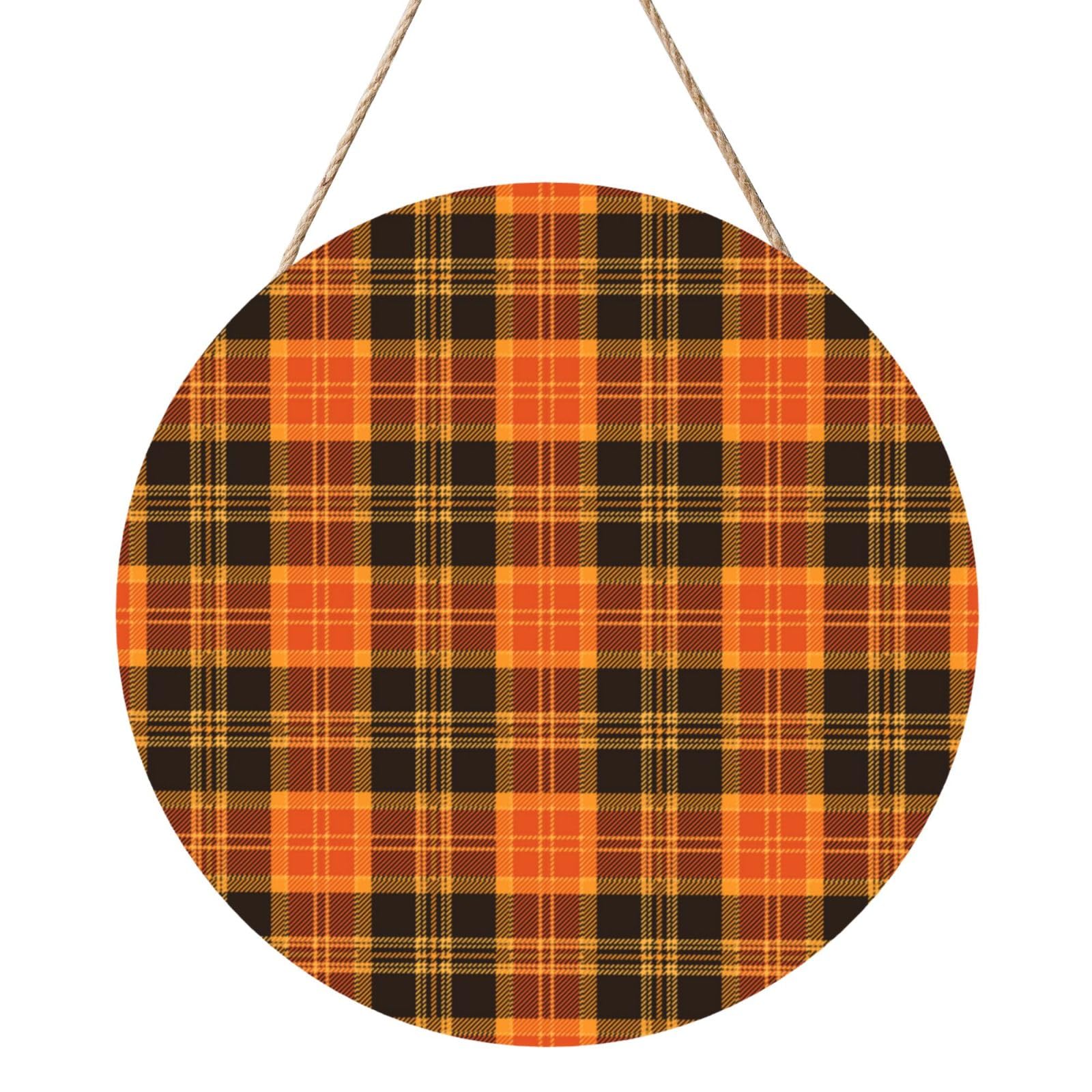 InOmak Halloween Tartan Plaid, Round Wood Panel Painting 12 in, Wall Hanging Painting For Home