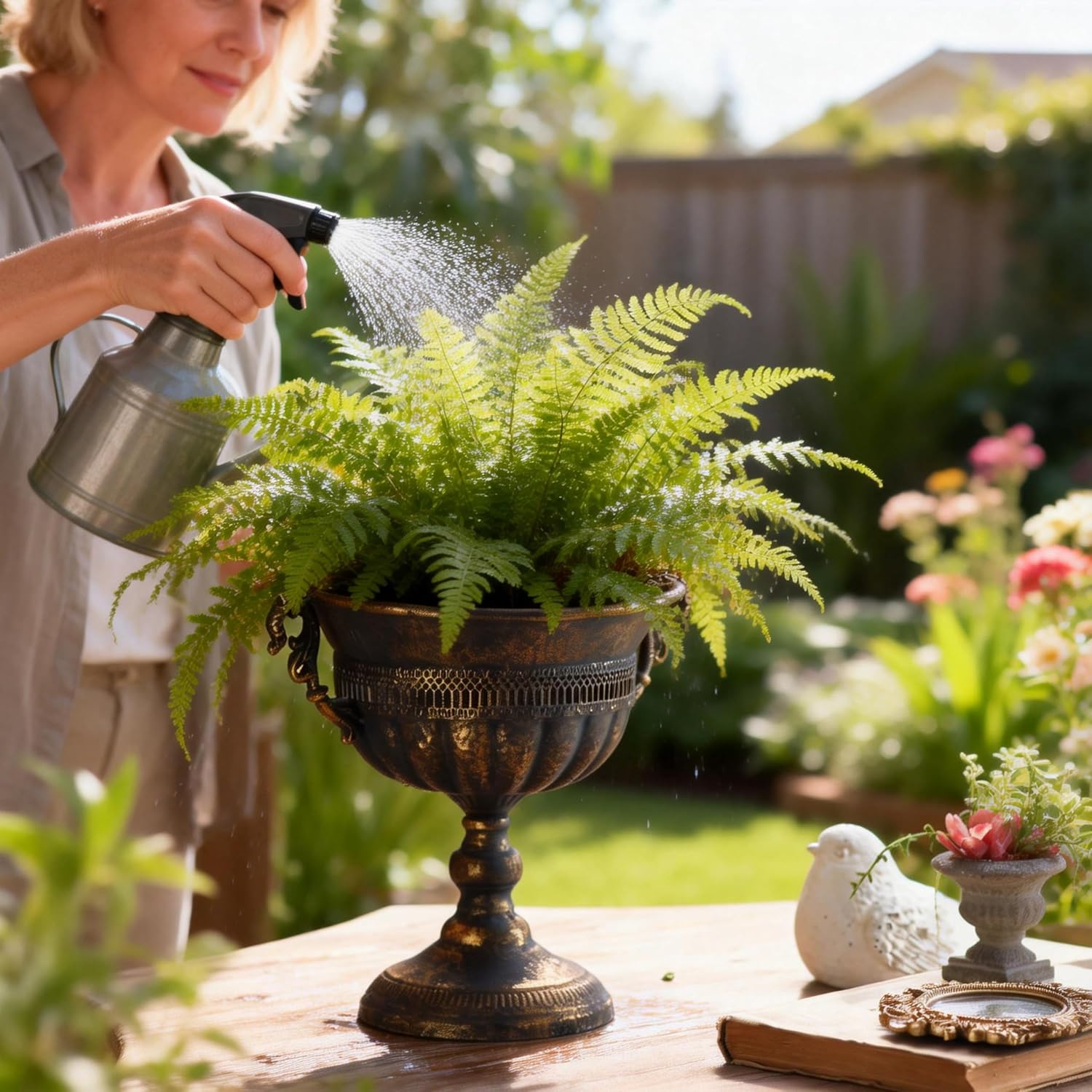 Vintage Urn Planter, 11.5" Distressed Metal Vase with Embossed Design, Rustic Centerpiece for Mantel, Table, Entryway or Living Room Decor